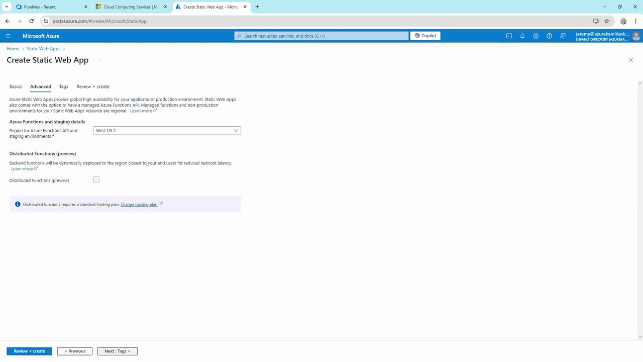 The image shows a Microsoft Azure portal page for creating a Static Web App, specifically on the "Advanced" tab, where users can select the region for Azure Functions API and staging environments. There are options for distributed functions and a note about hosting plans.