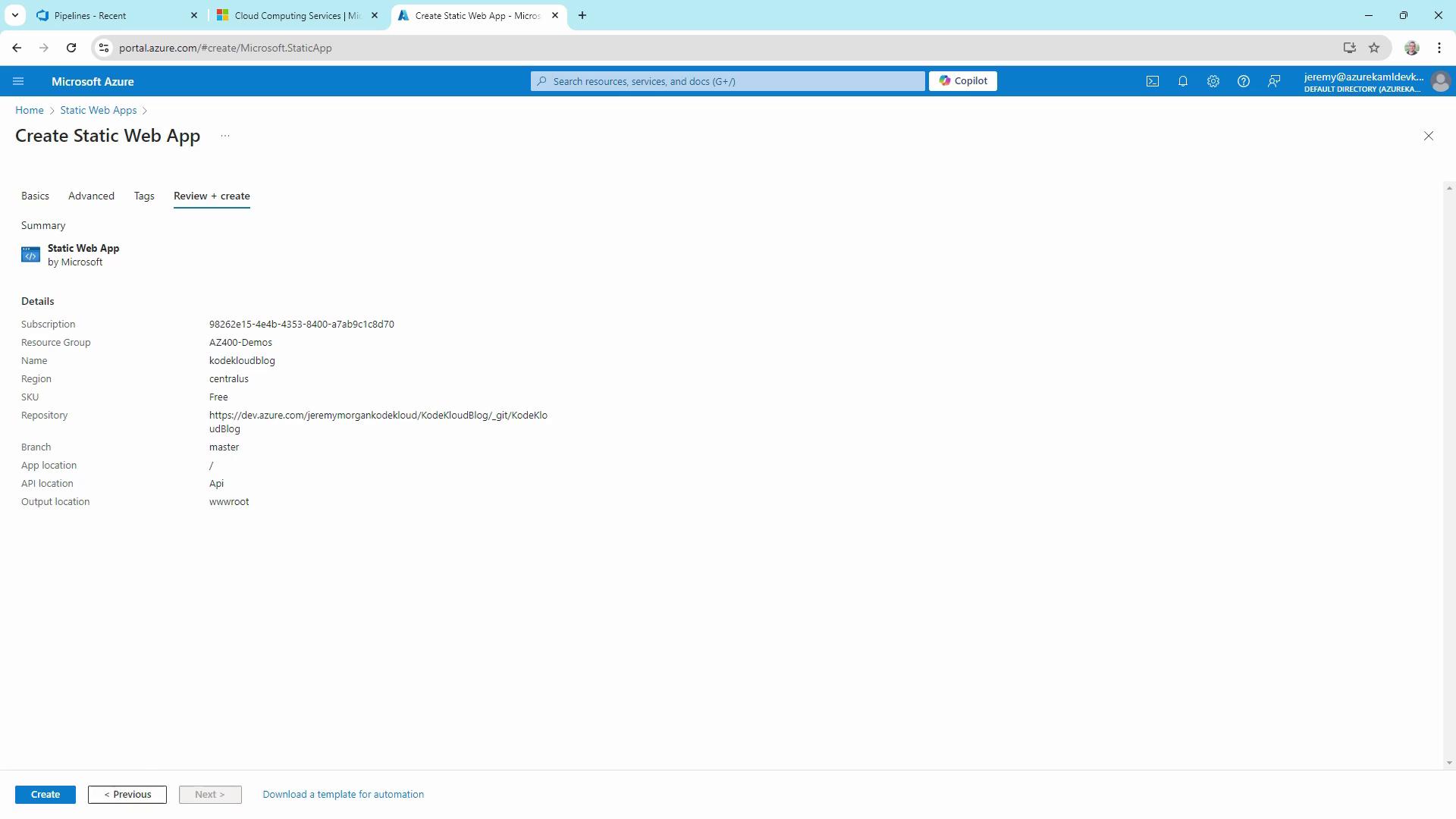 The image shows the "Create Static Web App" page on the Microsoft Azure portal, displaying a summary of details for a static web app setup, including subscription, resource group, and repository information.