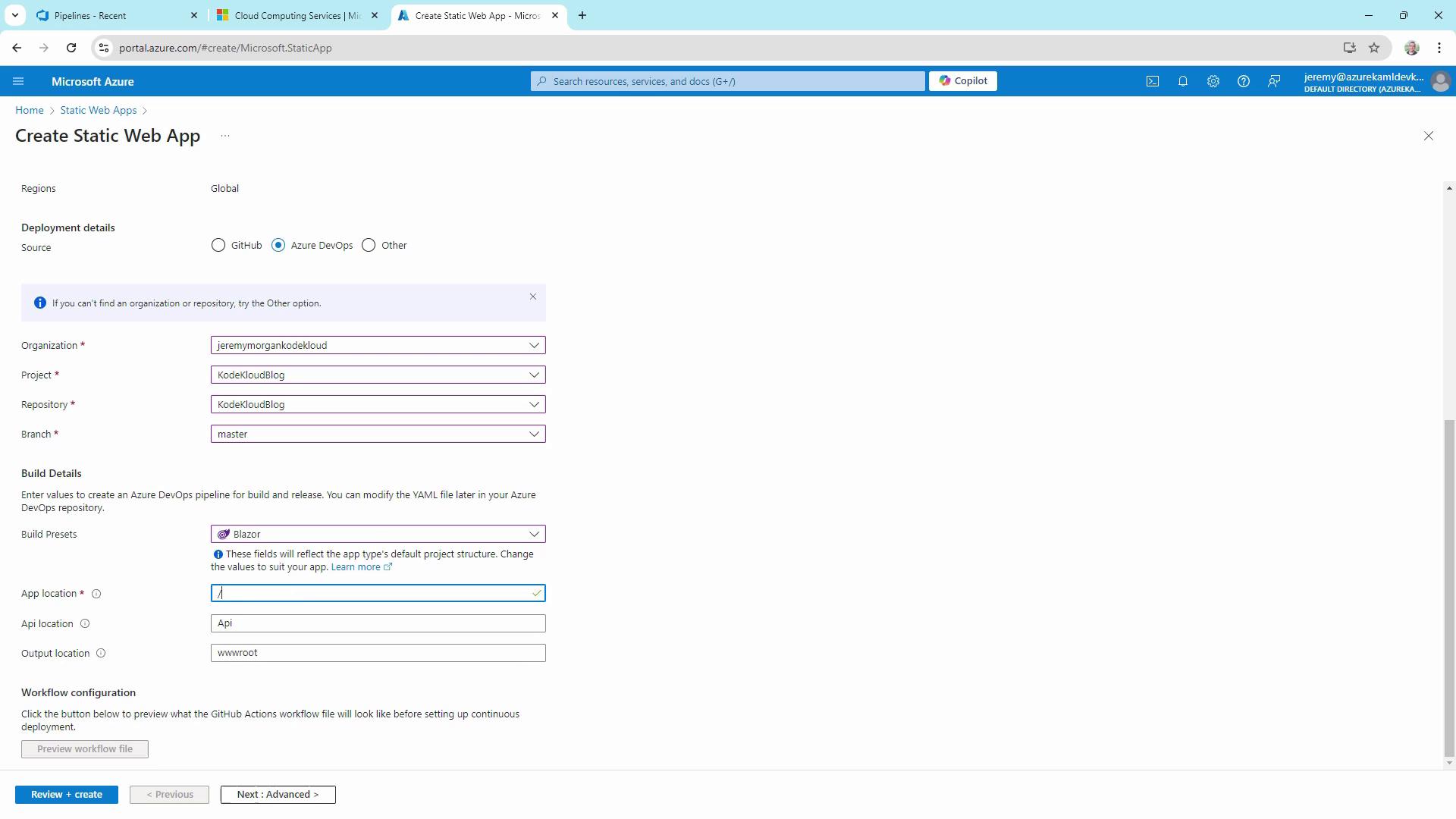 The image shows the "Create Static Web App" page on Microsoft Azure, where deployment details and build configurations are being set up using Azure DevOps.