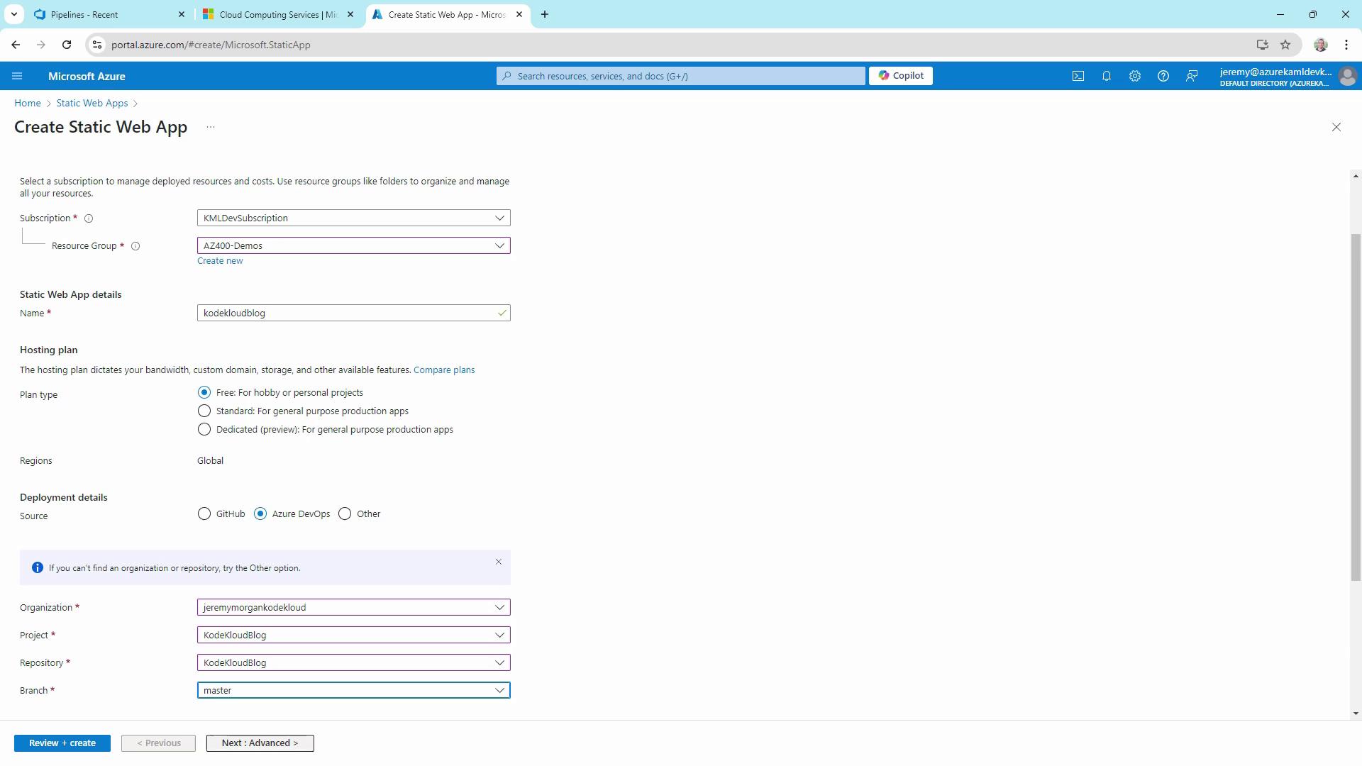 The image shows the "Create Static Web App" page on the Microsoft Azure portal, where users can configure settings such as subscription, resource group, app name, hosting plan, and deployment details.
