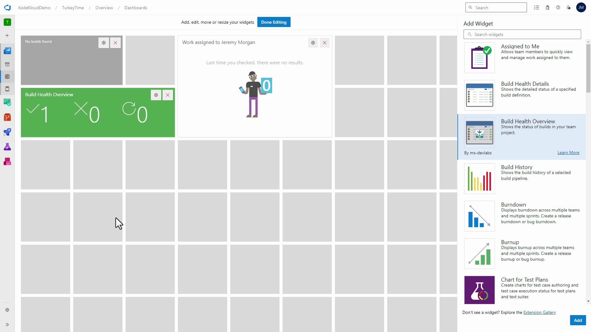 The image shows a dashboard interface with various widgets, including a "Build Health Overview" and options to add more widgets like "Build History" and "Burndown." The layout is grid-based with placeholders for additional content.