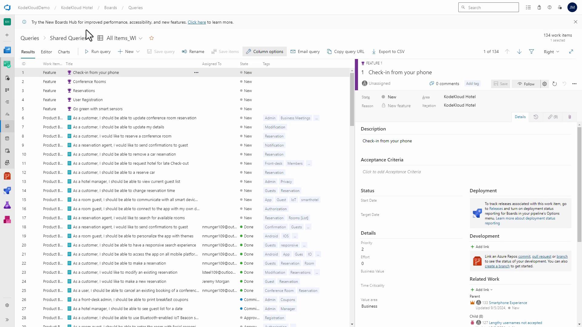 The image shows a project management interface with a list of work items, including features and product backlog items, along with their details and status. The right panel displays specific information about a selected feature titled "Check-in from your phone."