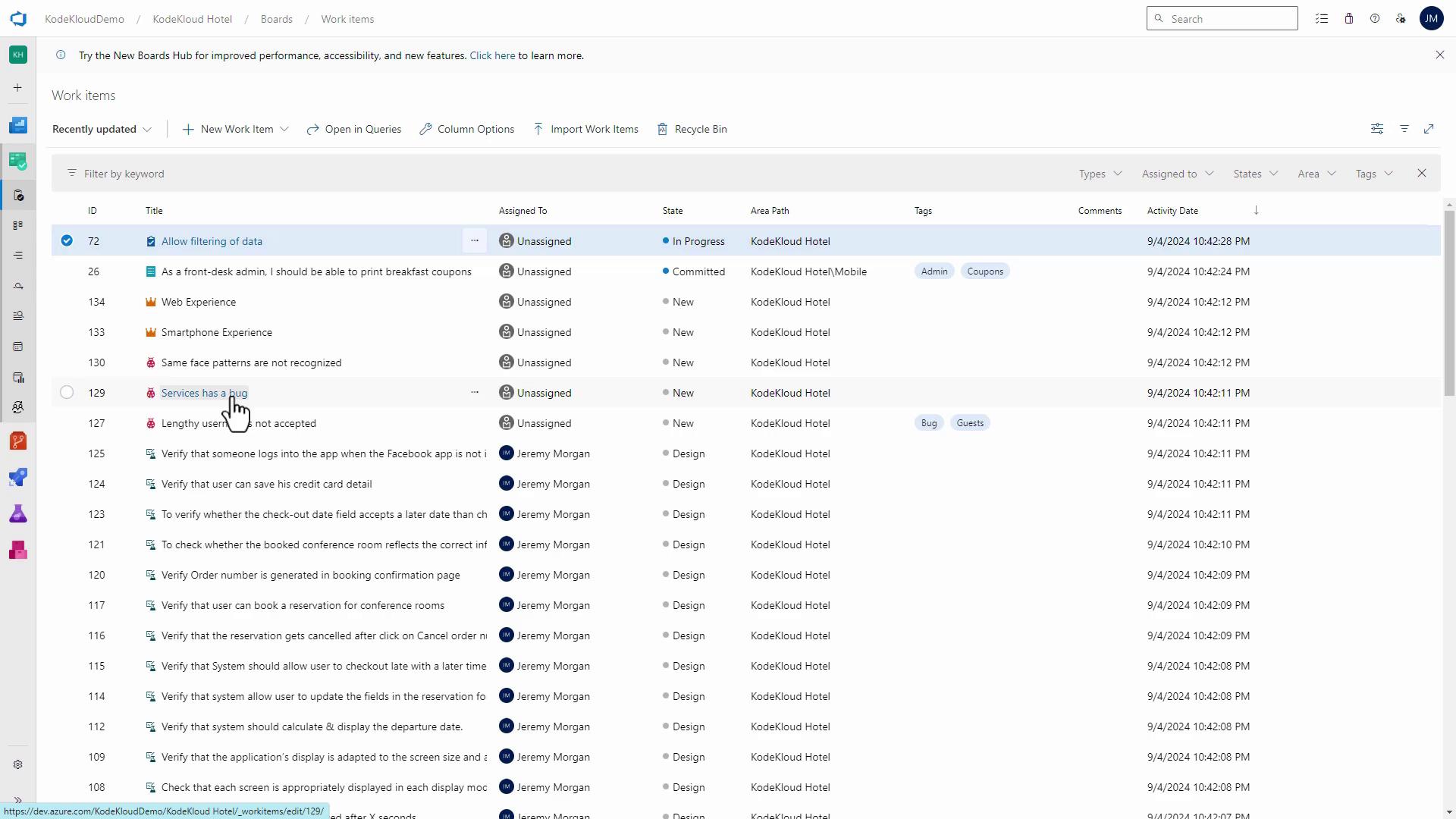 The image shows a project management or task tracking interface with a list of work items, including details like ID, title, assigned person, state, and activity date. A cursor is hovering over an item titled "Services has a bug."