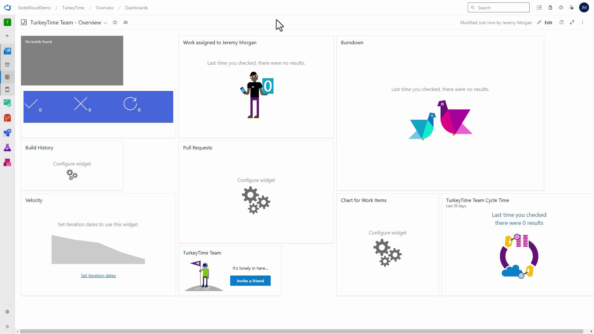 The image shows a dashboard interface with various widgets for tracking team activities, such as work assignments, build history, and pull requests, with some areas indicating no data or results.