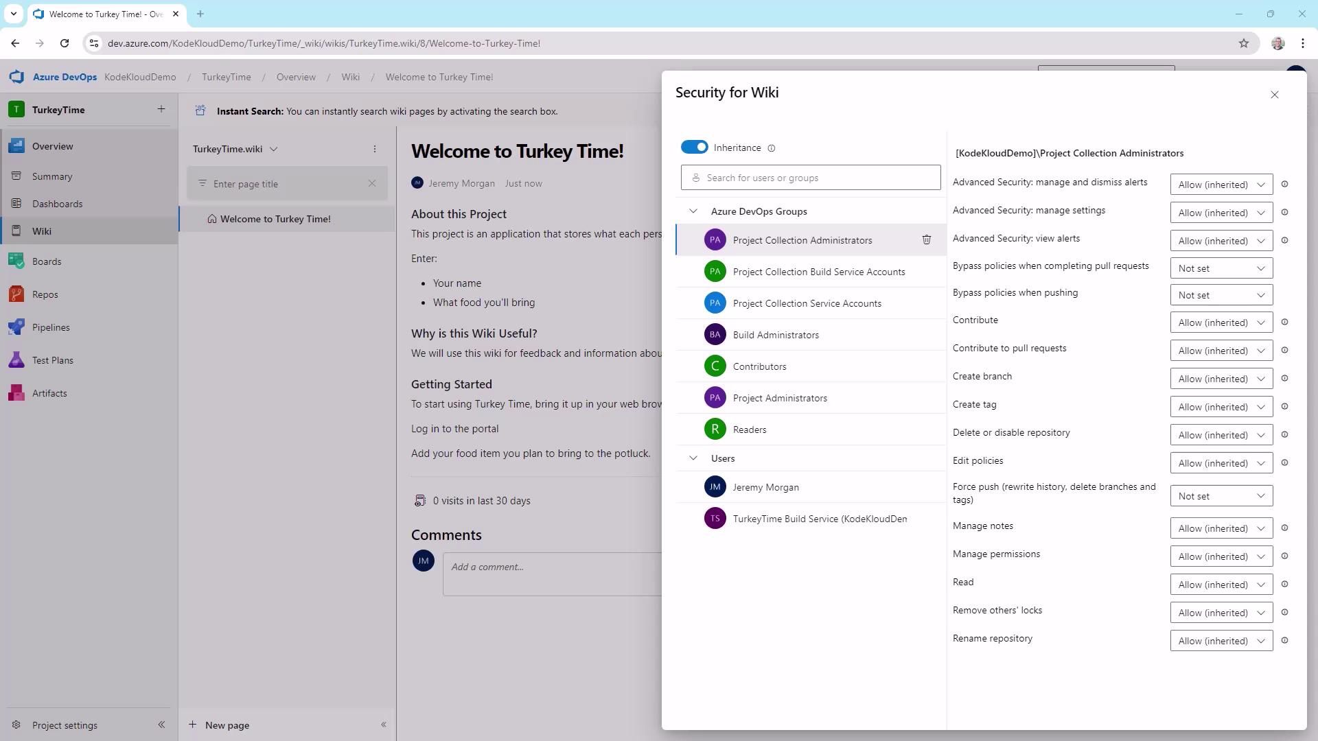The image shows an Azure DevOps interface with a project wiki titled "Welcome to Turkey Time!" and a security settings panel for managing user permissions.