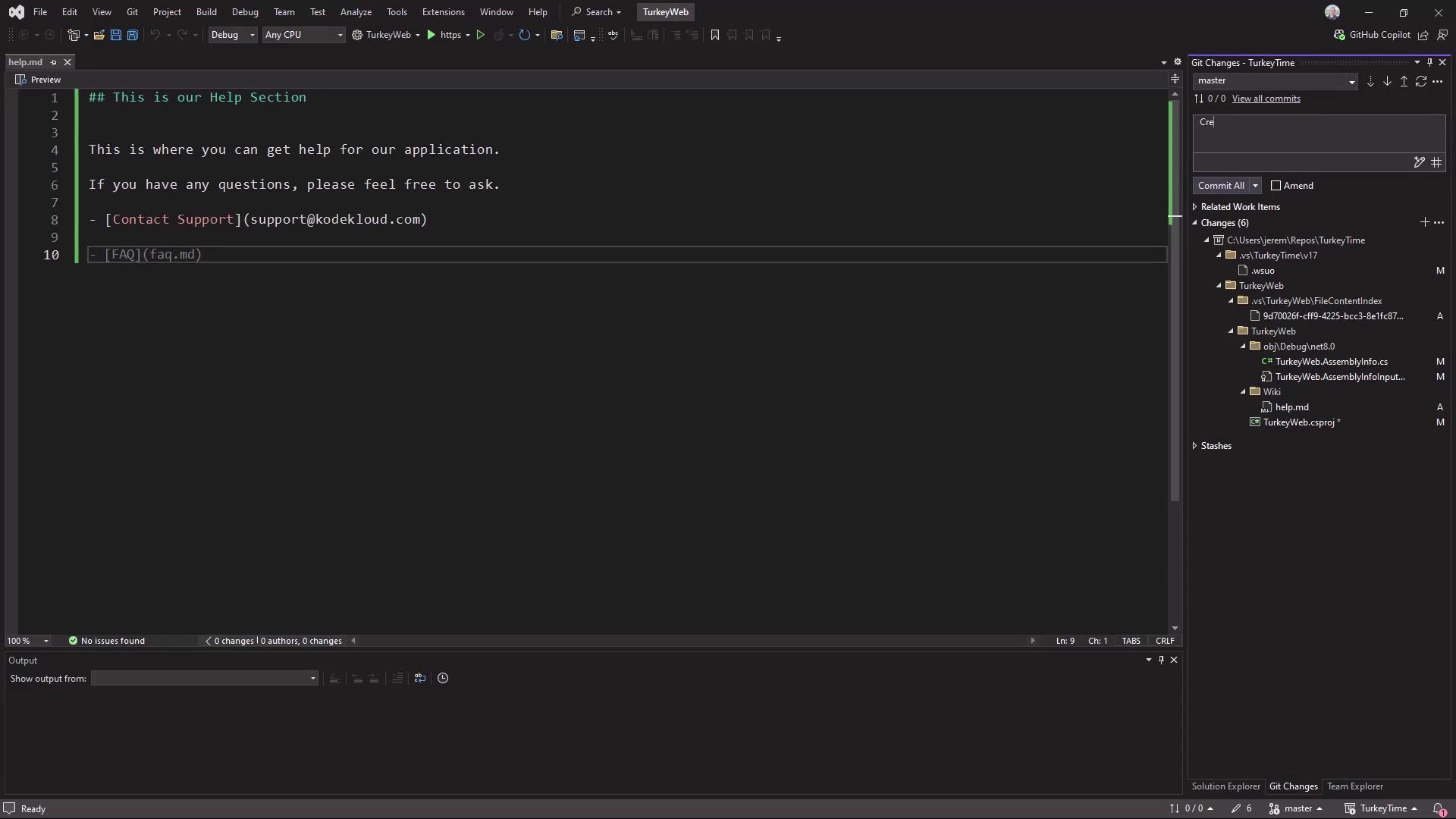 The image shows a code editor with a markdown file open, displaying a help section for an application. It includes contact information for support and a link to a FAQ document.