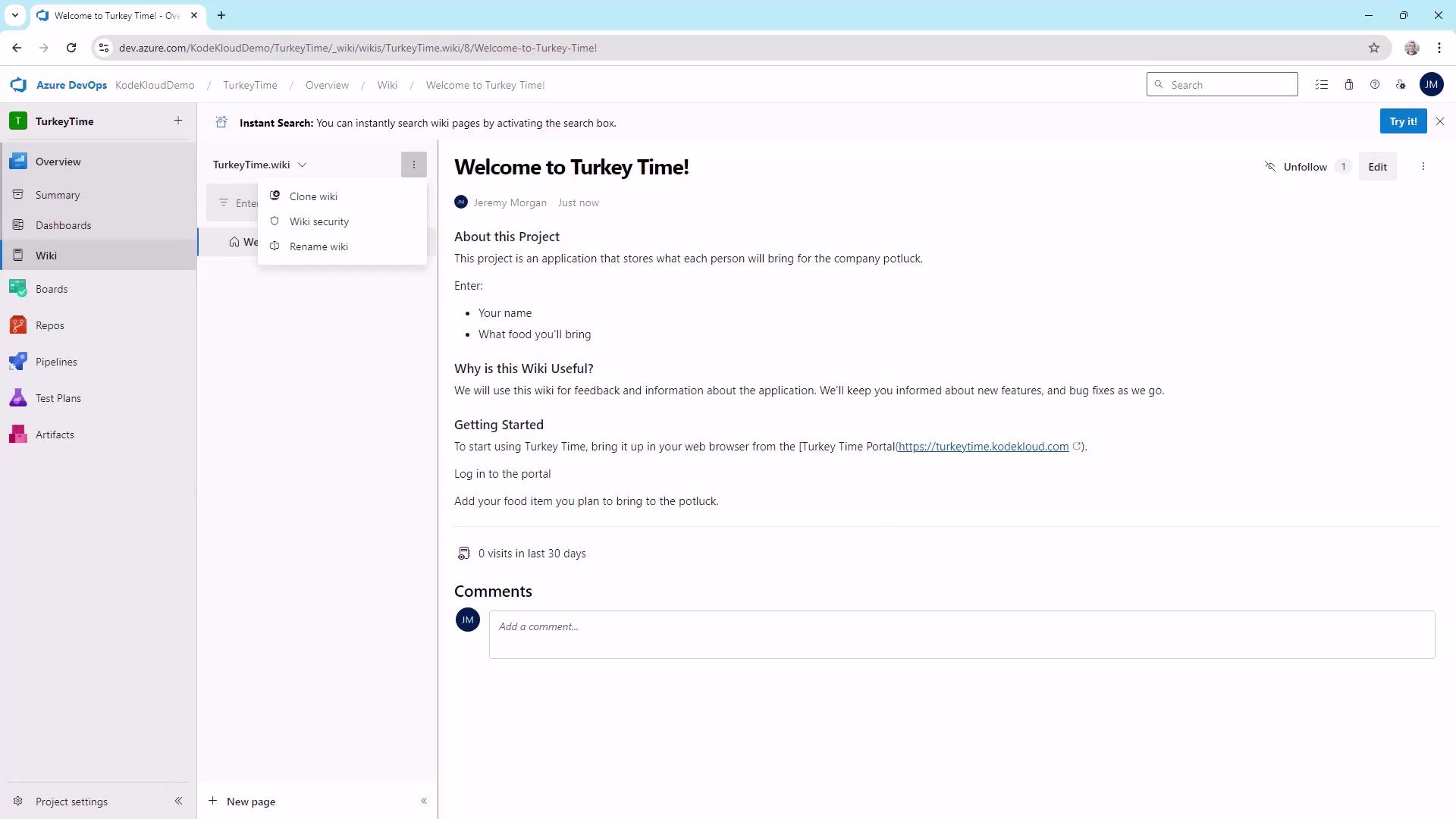 The image shows a wiki page in Azure DevOps titled "Welcome to Turkey Time!" which describes a project for organizing a company potluck, including instructions for entering names and food items.