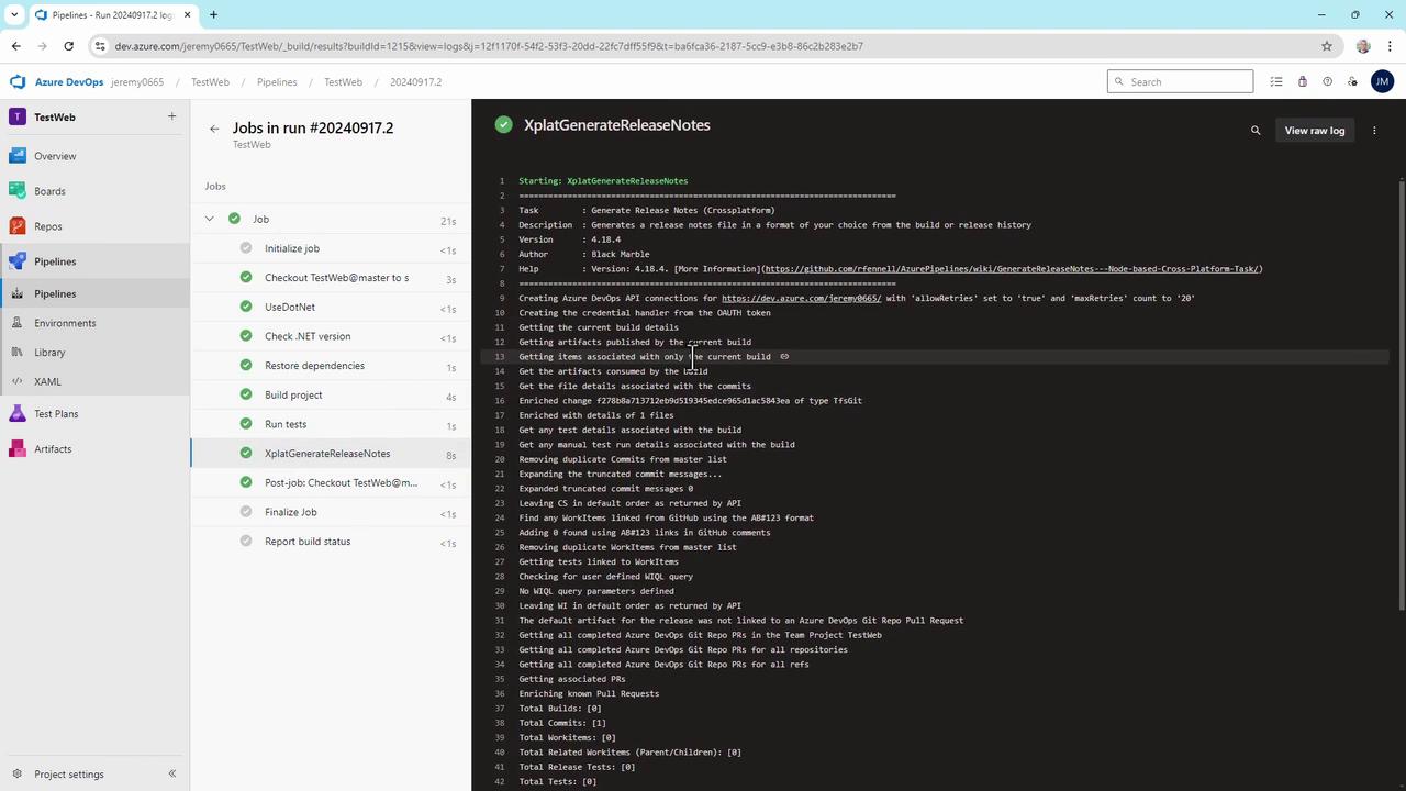 The image shows an Azure DevOps pipeline interface with a list of jobs and their statuses on the left, and detailed log output for a task called "XplatGenerateReleaseNotes" on the right.
