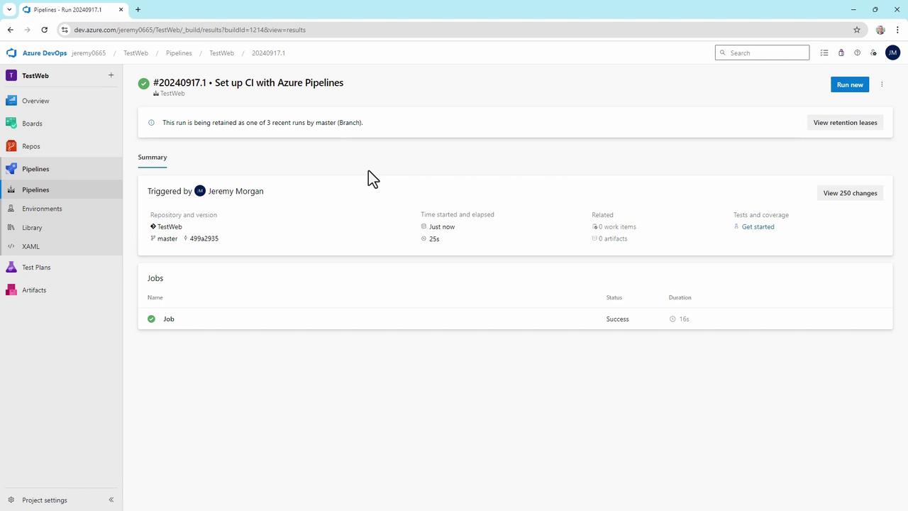 The image shows an Azure DevOps pipeline run summary, indicating a successful job execution for a project named "TestWeb." The pipeline was triggered by a user and completed in 16 seconds.