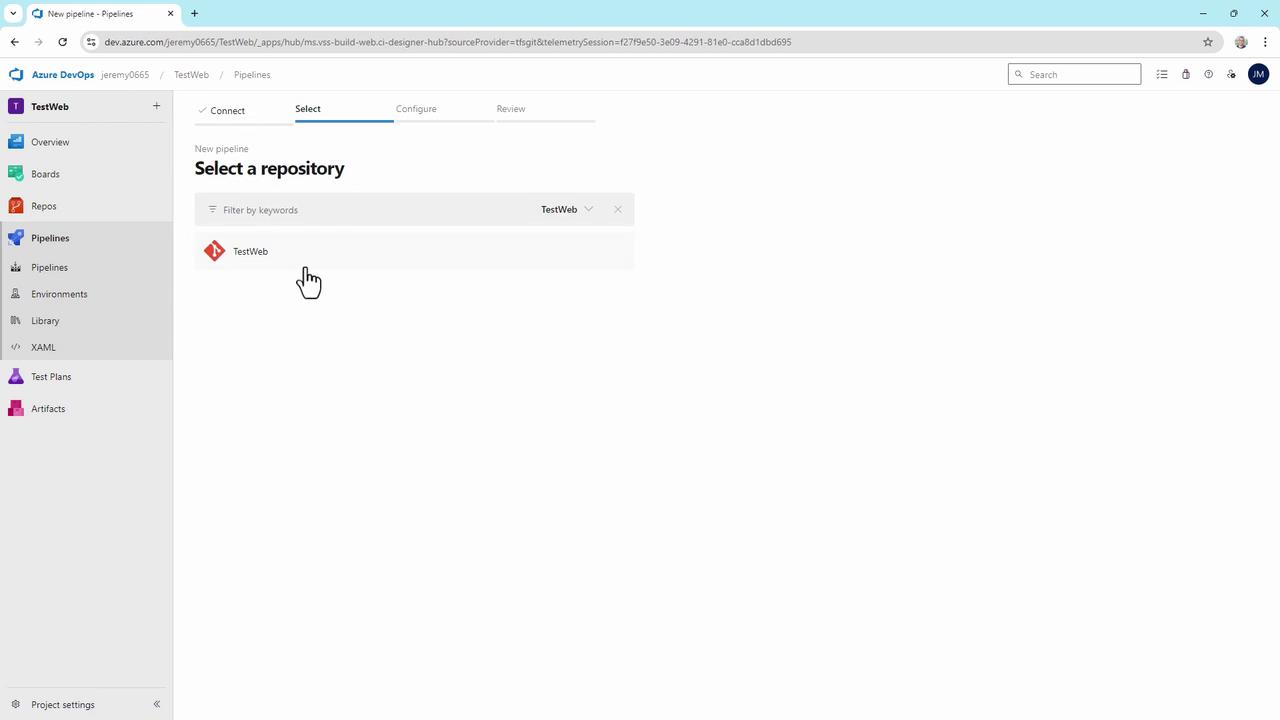 The image shows an Azure DevOps interface where a user is selecting a repository named "TestWeb" for a new pipeline. The interface includes navigation options like Overview, Boards, Repos, and Pipelines.