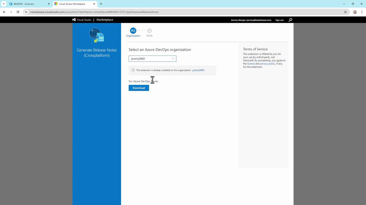 The image shows a Visual Studio Marketplace page for selecting an Azure DevOps organization to install the "Generate Release Notes (Crossplatform)" extension. There is a download button and a note indicating the extension is already installed for the selected organization.