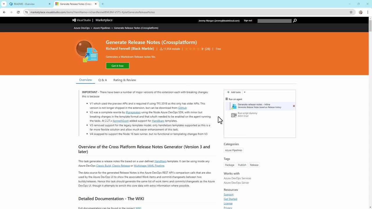The image shows a webpage from the Visual Studio Marketplace for a tool called "Generate Release Notes (Crossplatform)" by Richard Fennell. It provides an overview and details about the extension, which generates Markdown release notes.