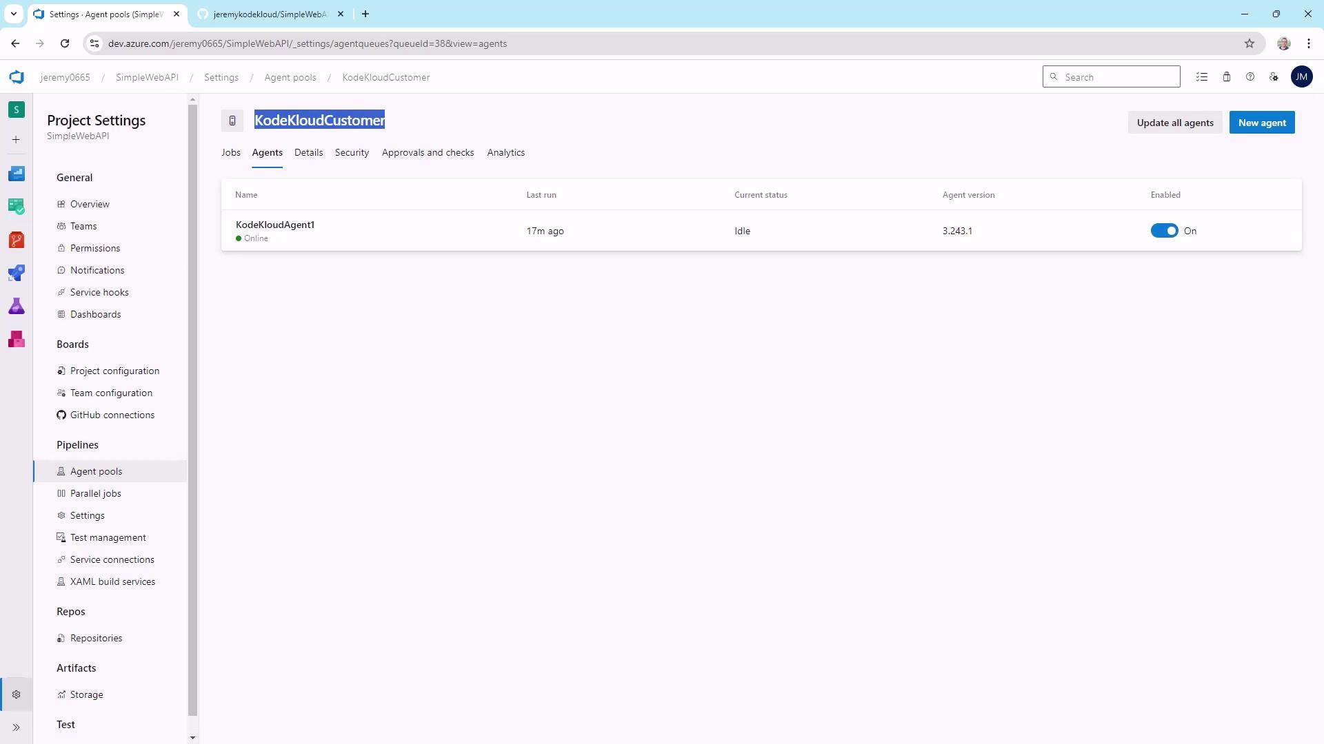 The image shows a screenshot of the Azure DevOps interface, specifically the "Agent pools" section under "Project Settings," displaying an agent named "KodeKloudAgent1" that is currently idle.