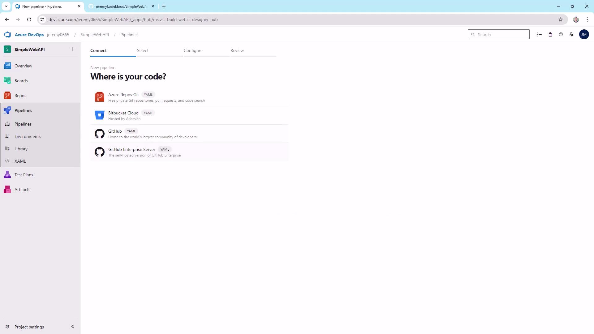 The image shows an Azure DevOps interface for creating a new pipeline, with options to connect to code repositories like Azure Repos, Bitbucket Cloud, GitHub, and GitHub Enterprise Server.