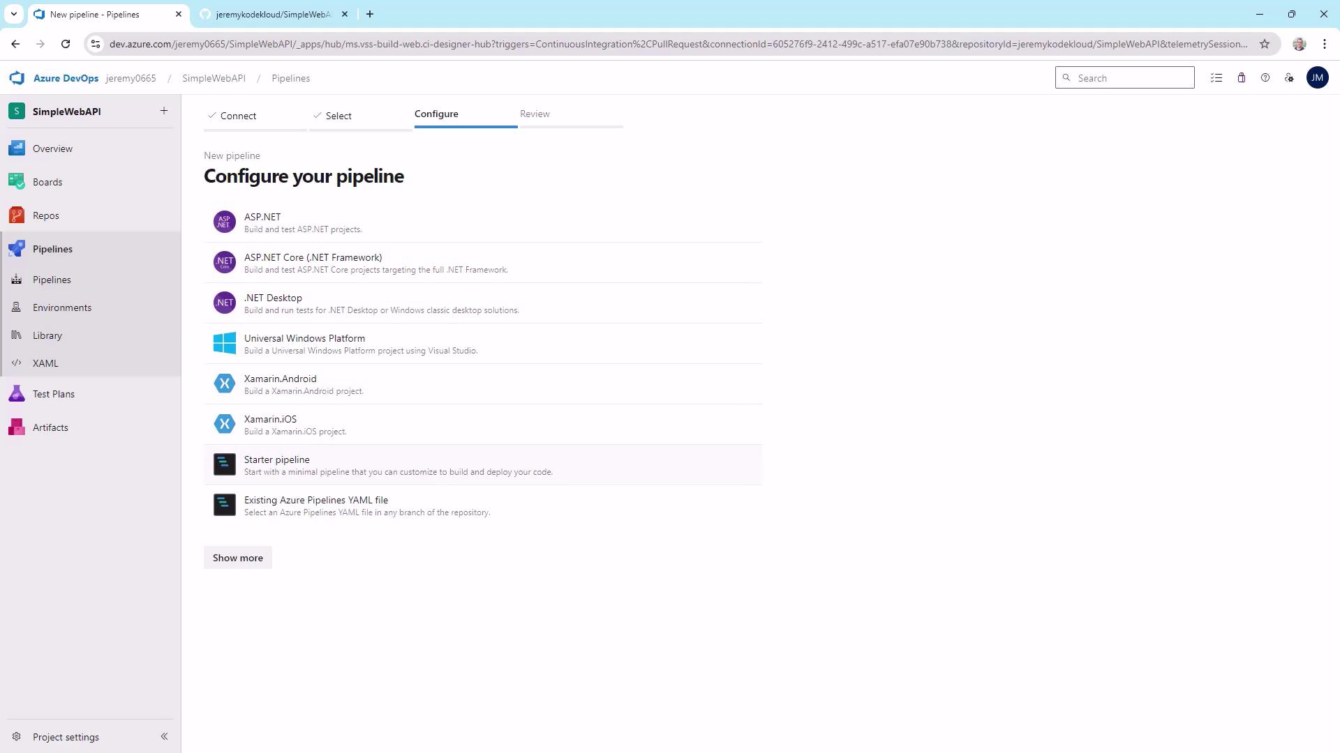 The image shows an Azure DevOps interface for configuring a new pipeline, with options for different project types like ASP.NET, Xamarin, and existing YAML files.