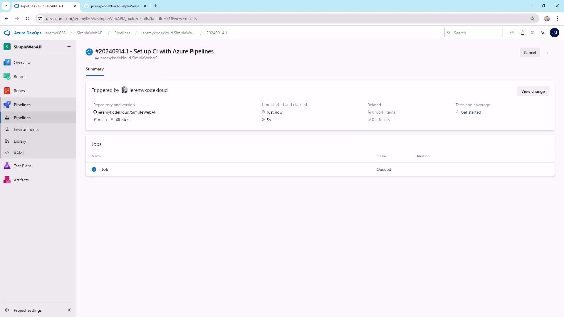 The image shows an Azure DevOps pipeline interface with a job that is currently queued. It includes details about the repository, branch, and trigger information.