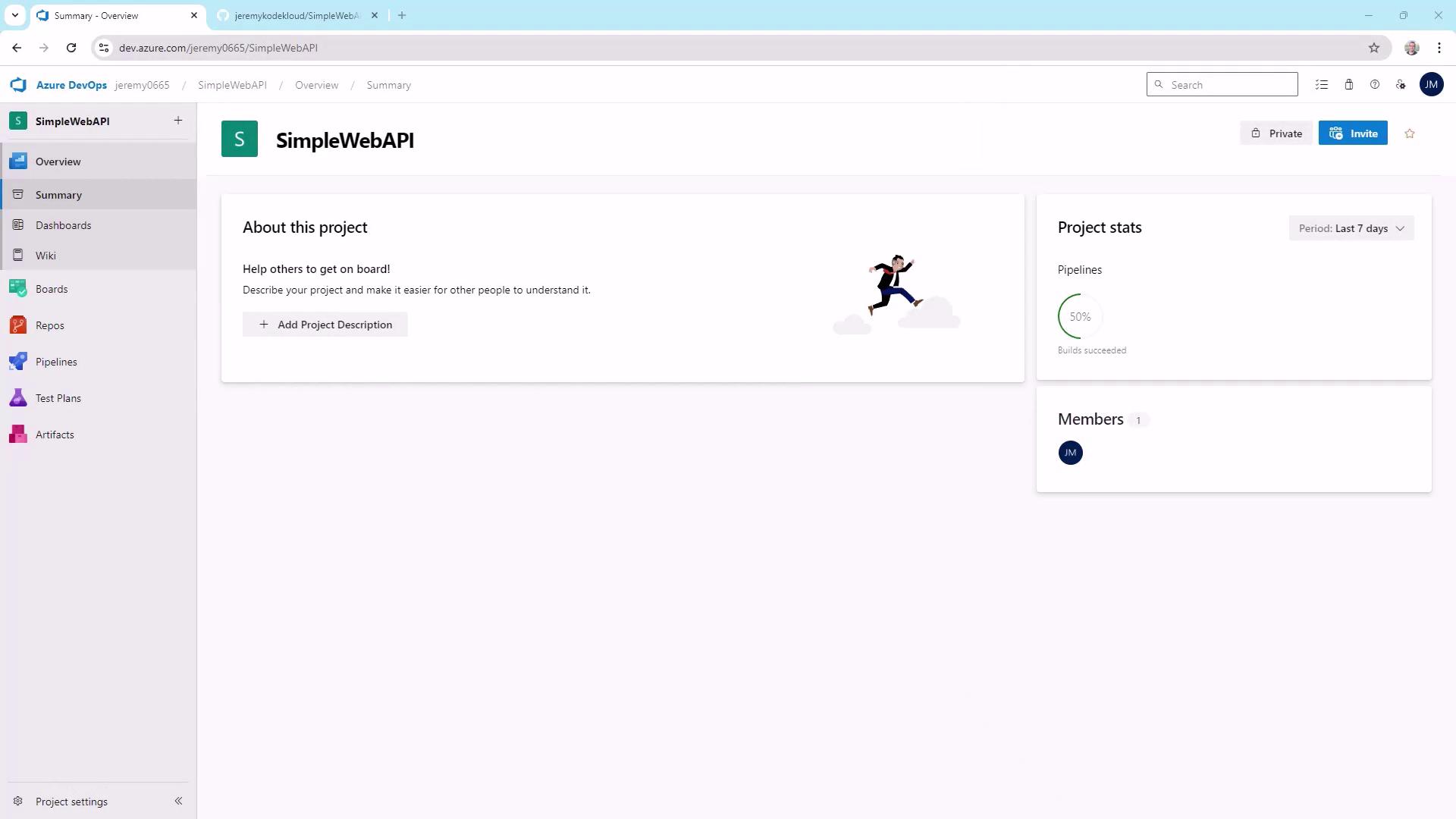 The image shows an Azure DevOps project dashboard for "SimpleWebAPI," displaying project details, a section to add a project description, and project statistics with a 50% pipeline success rate.