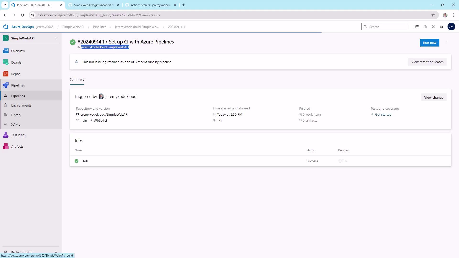 The image shows an Azure DevOps pipeline run summary for a project called "SimpleWebAPI," indicating a successful job execution. The pipeline was triggered by a user and completed in 14 seconds.