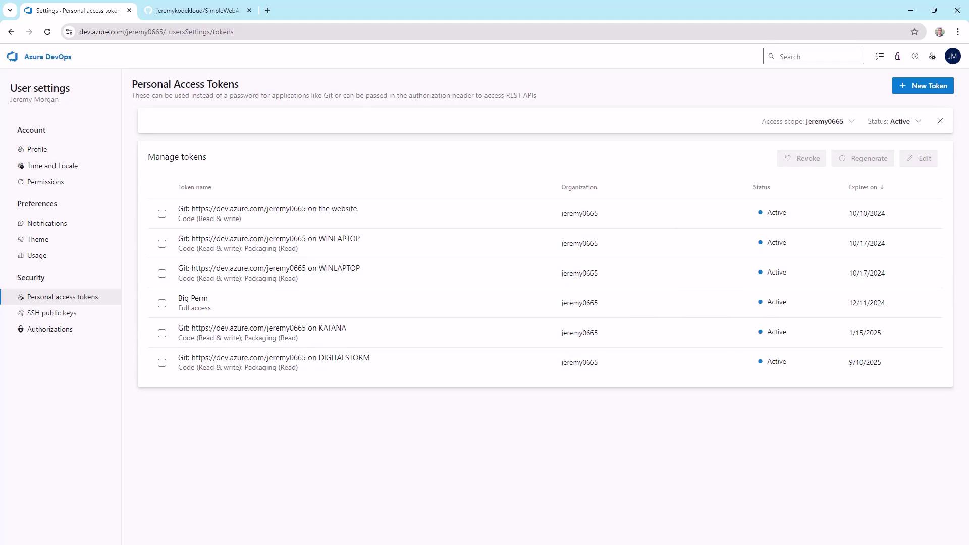 The image shows the Azure DevOps user settings page for managing personal access tokens, listing several tokens with their status and expiration dates.