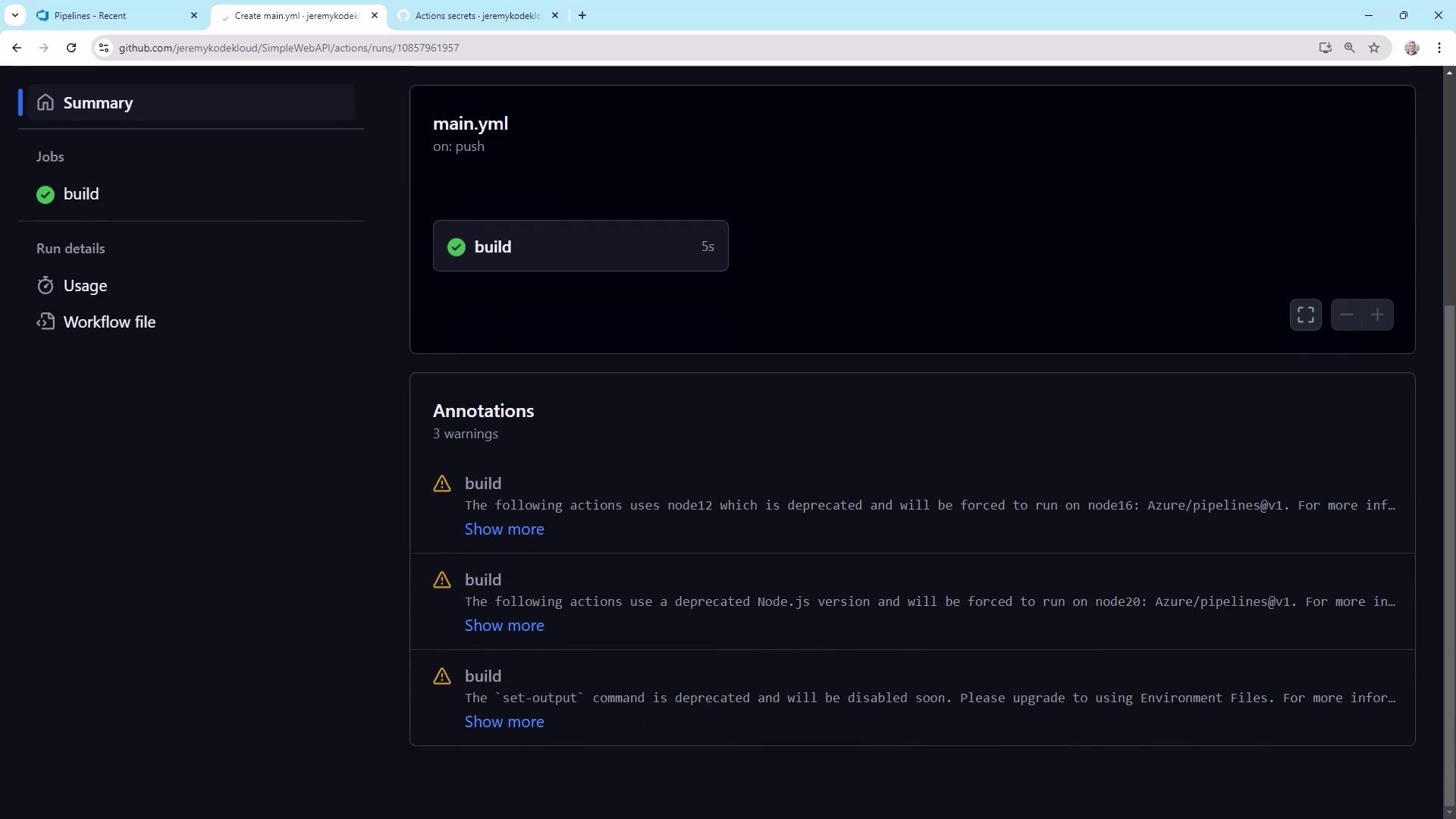 The image shows a GitHub Actions workflow summary for a file named `main.yml`, indicating a successful build with warnings about deprecated Node.js versions and commands.