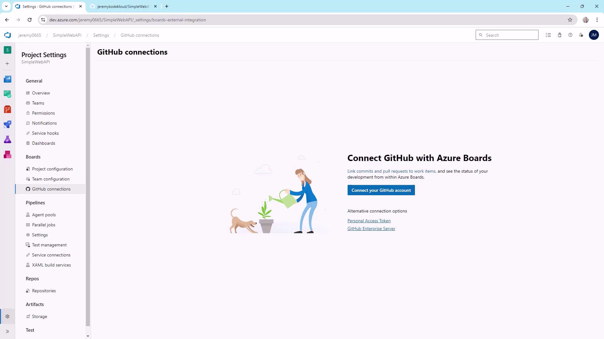 The image shows a web page for connecting GitHub with Azure Boards, featuring a sidebar with project settings and an illustration of a person watering a plant with a dog nearby.