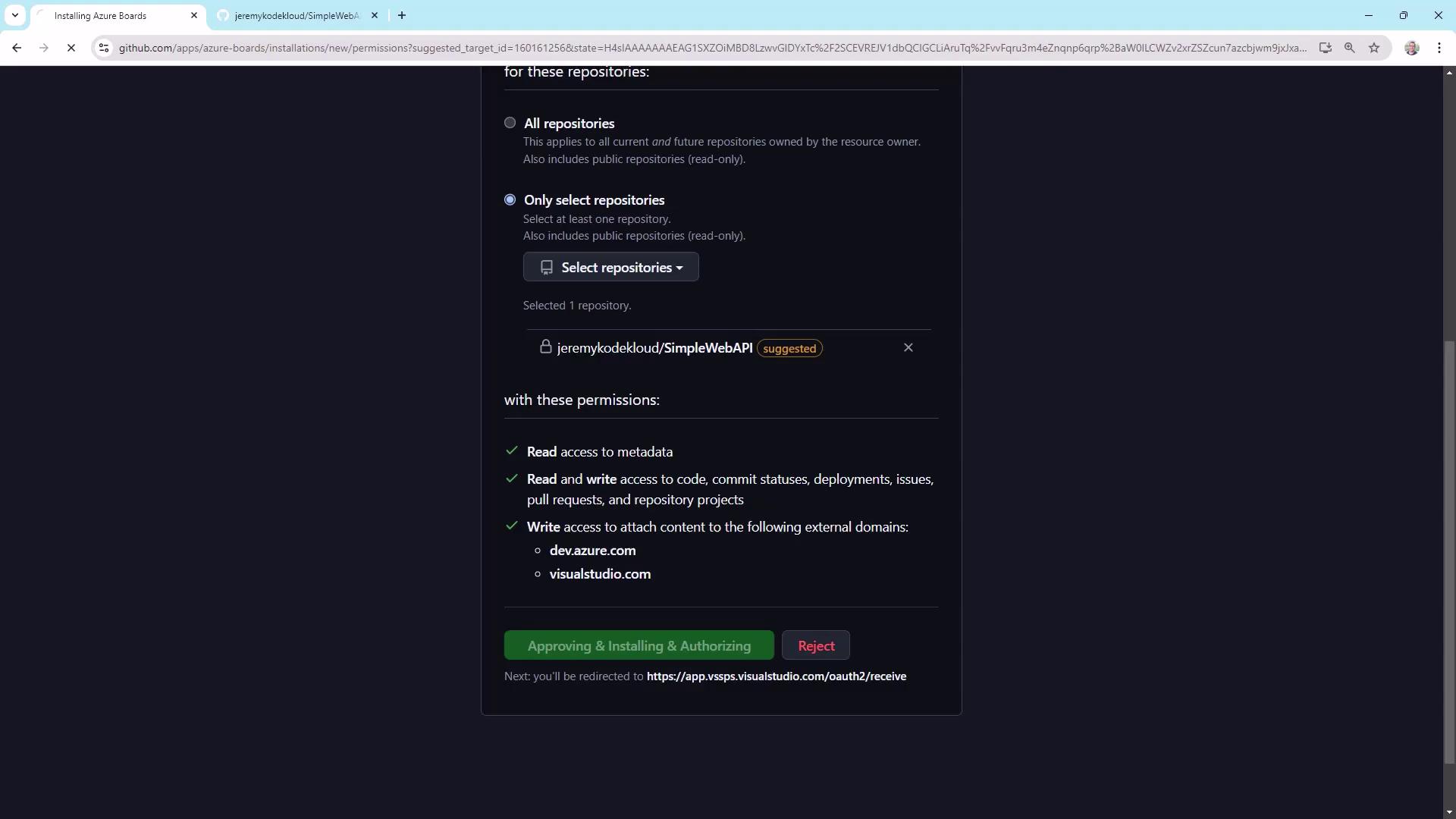 The image shows a GitHub permissions screen for installing Azure Boards, with options to select repositories and grant specific read and write permissions.