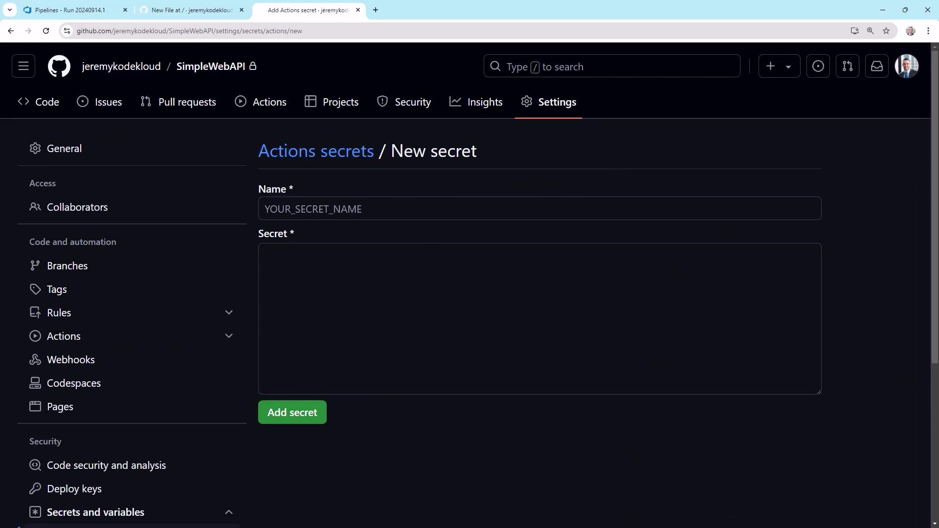 The image shows a GitHub repository settings page for adding a new secret under "Actions secrets." It includes fields for the secret's name and value, with a button to add the secret.