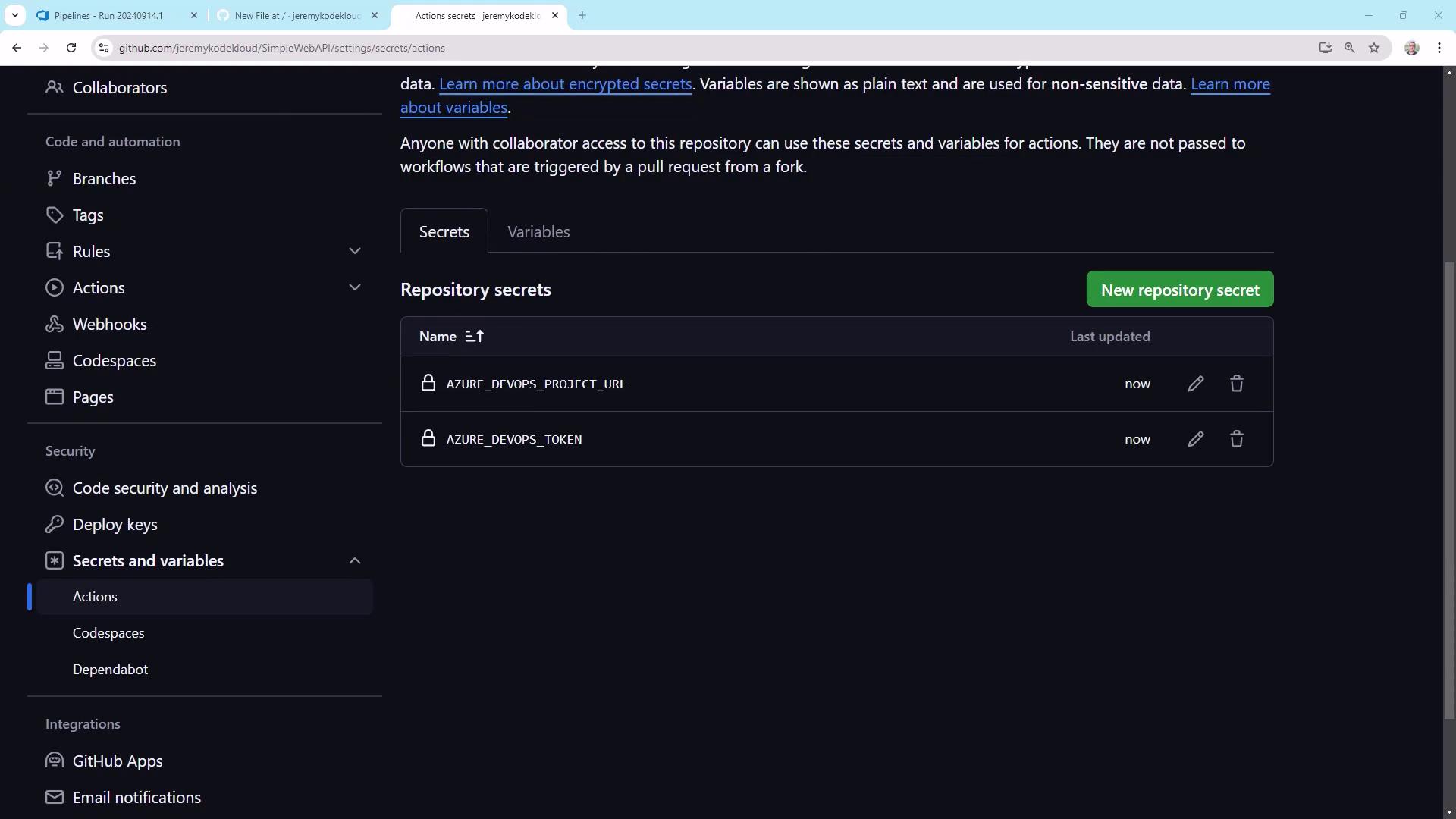 The image shows a GitHub repository settings page, specifically the "Secrets and variables" section under "Actions," displaying two repository secrets related to Azure DevOps.