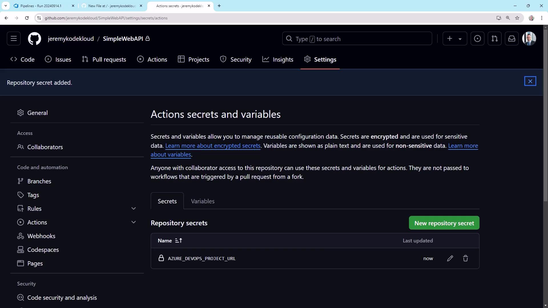 The image shows a GitHub repository settings page for managing "Actions secrets and variables," with a section displaying a repository secret named "AZURE_DEVOPS_PROJECT_URL."