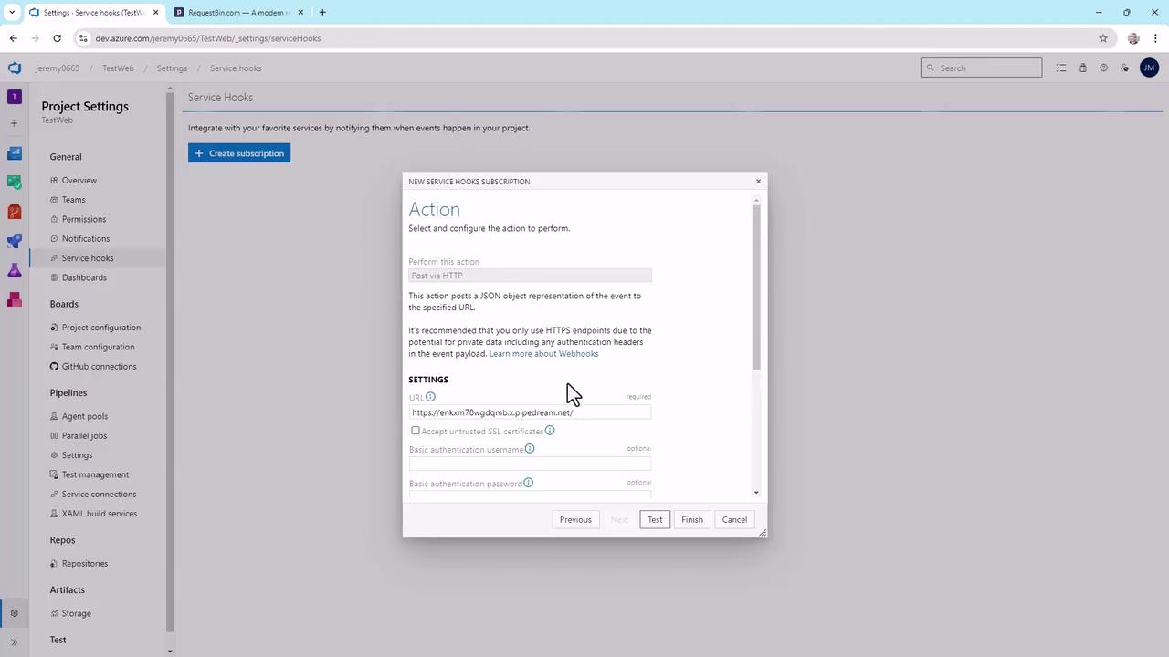 The image shows a web interface for configuring service hooks in Azure DevOps, with a dialog box open for setting up a new service hook subscription. The dialog includes fields for URL and authentication settings.