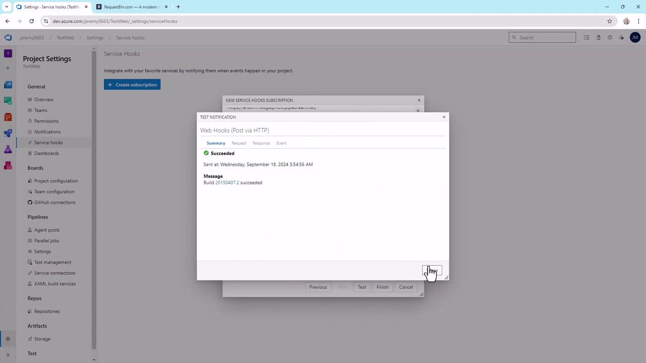 The image shows a web interface for Azure DevOps, specifically the "Service Hooks" settings. A test notification window indicates a successful webhook post via HTTP.