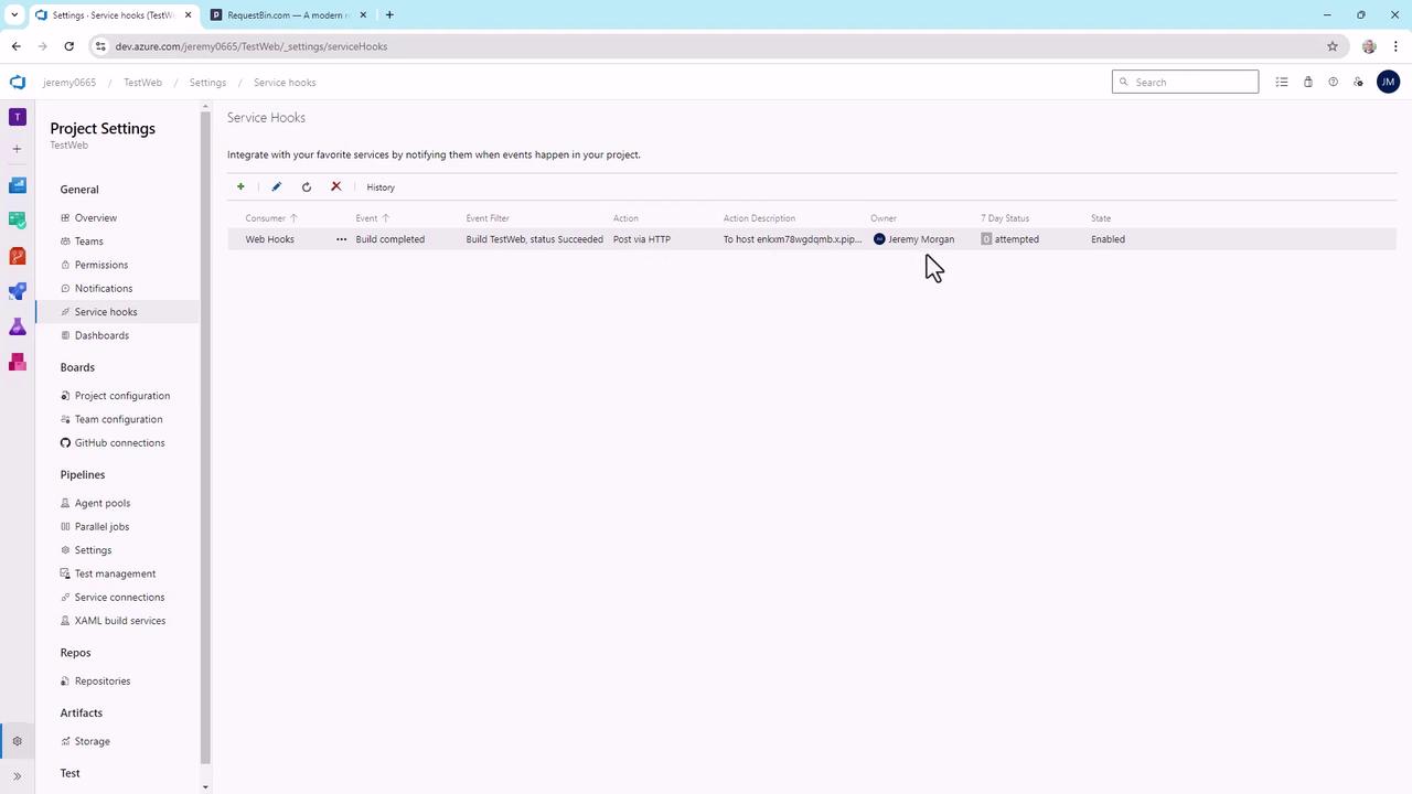 The image shows a web interface for Azure DevOps, specifically the "Service Hooks" settings page, displaying a list of configured web hooks for project notifications.