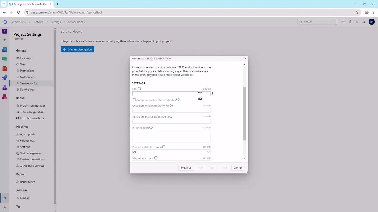The image shows a web interface for setting up service hooks in Azure DevOps, with a dialog box open for creating a new service hook subscription. The dialog includes fields for URL, authentication, and other settings.