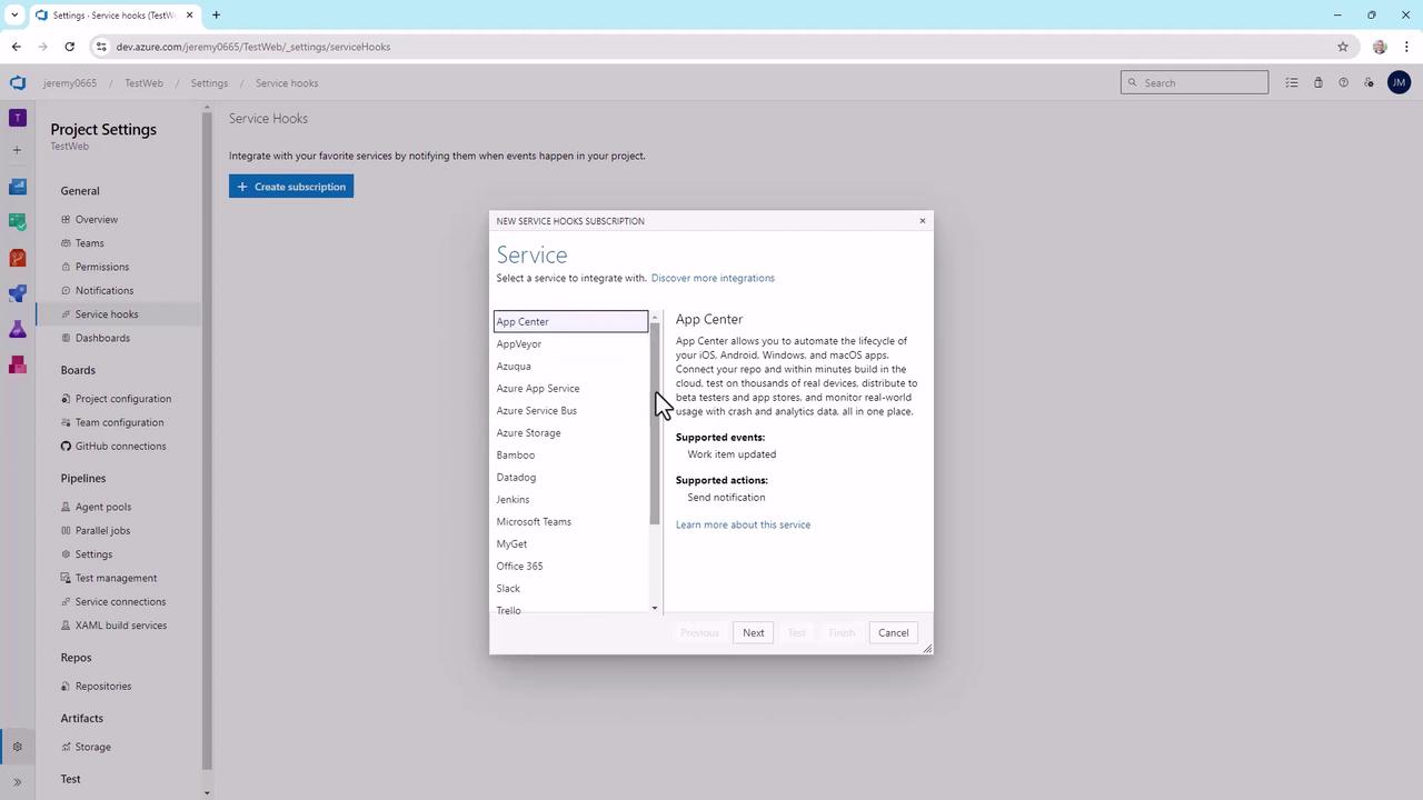 The image shows a web interface for configuring service hooks in a project setting, with a dialog box open for selecting a service to integrate, such as "App Center." The interface includes options for various services and describes supported events and actions.