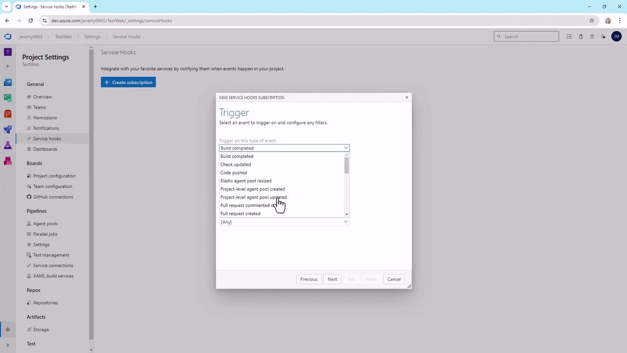 The image shows a web interface for configuring service hooks in a project setting, with a pop-up window for selecting event triggers like "Build completed" and "Pull request created."