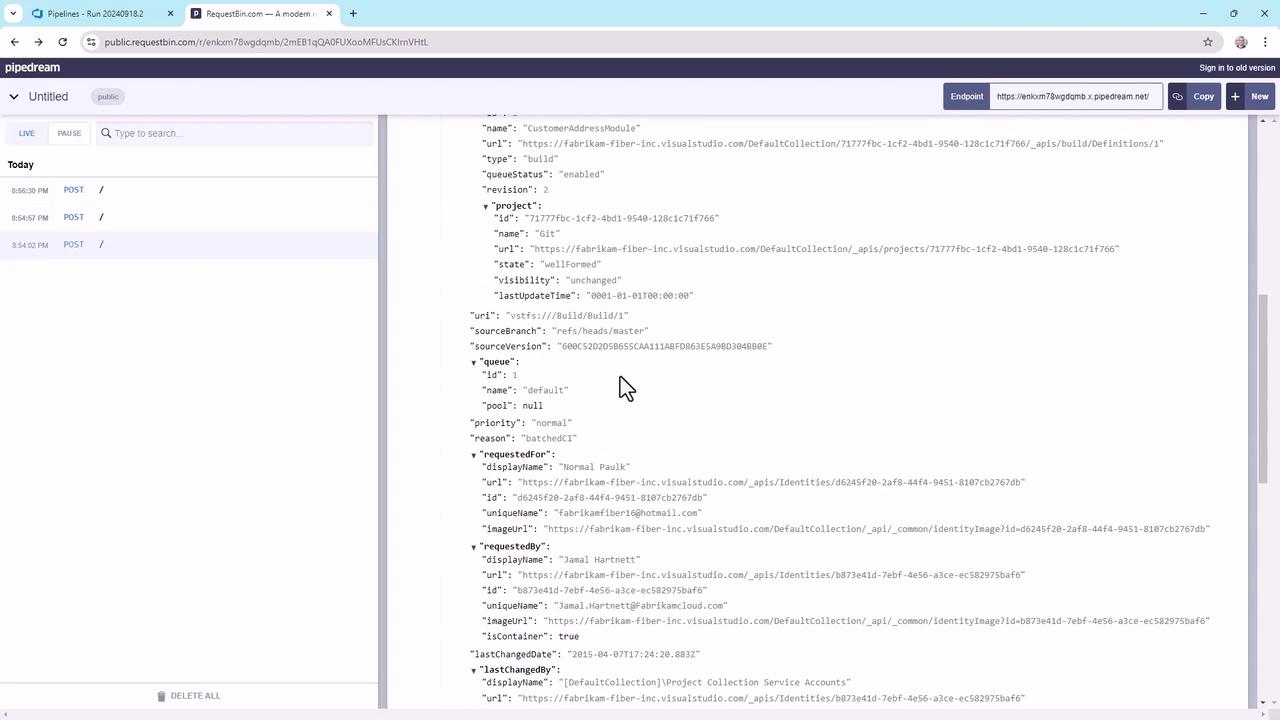 The image shows a screenshot of a web application interface displaying JSON data on the right and a list of POST requests on the left. The interface appears to be related to API or webhook testing.