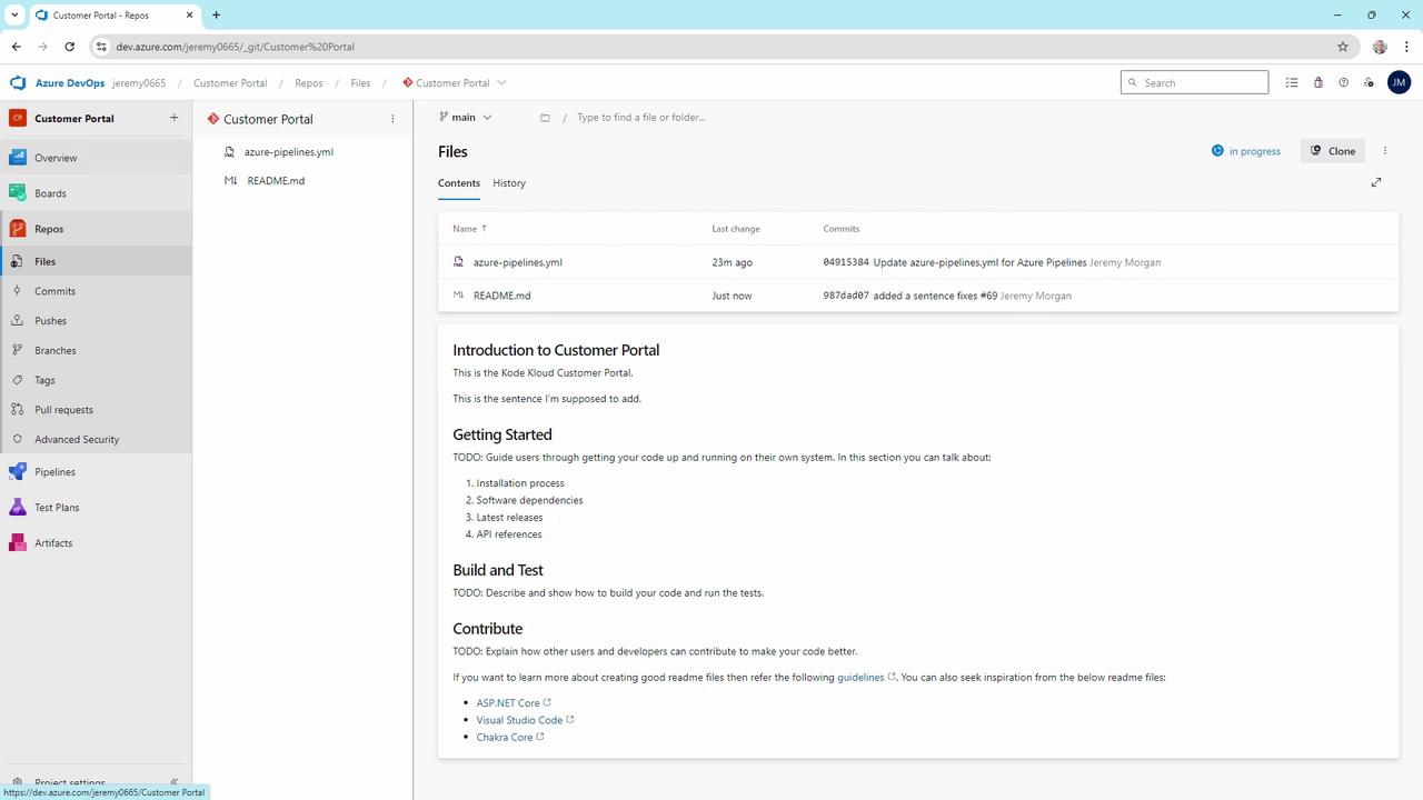 The image shows an Azure DevOps interface displaying a repository named "Customer Portal" with files like `azure-pipelines.yml` and `README.md`. The README file includes sections for introduction, getting started, build and test, and contribute.