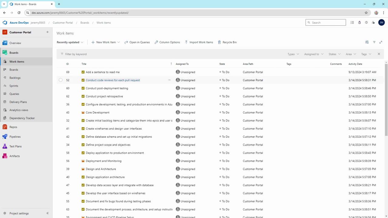 The image shows a screenshot of the Azure DevOps interface displaying a list of work items for a project called "Customer Portal," with details such as ID, title, assigned person, state, and activity date.