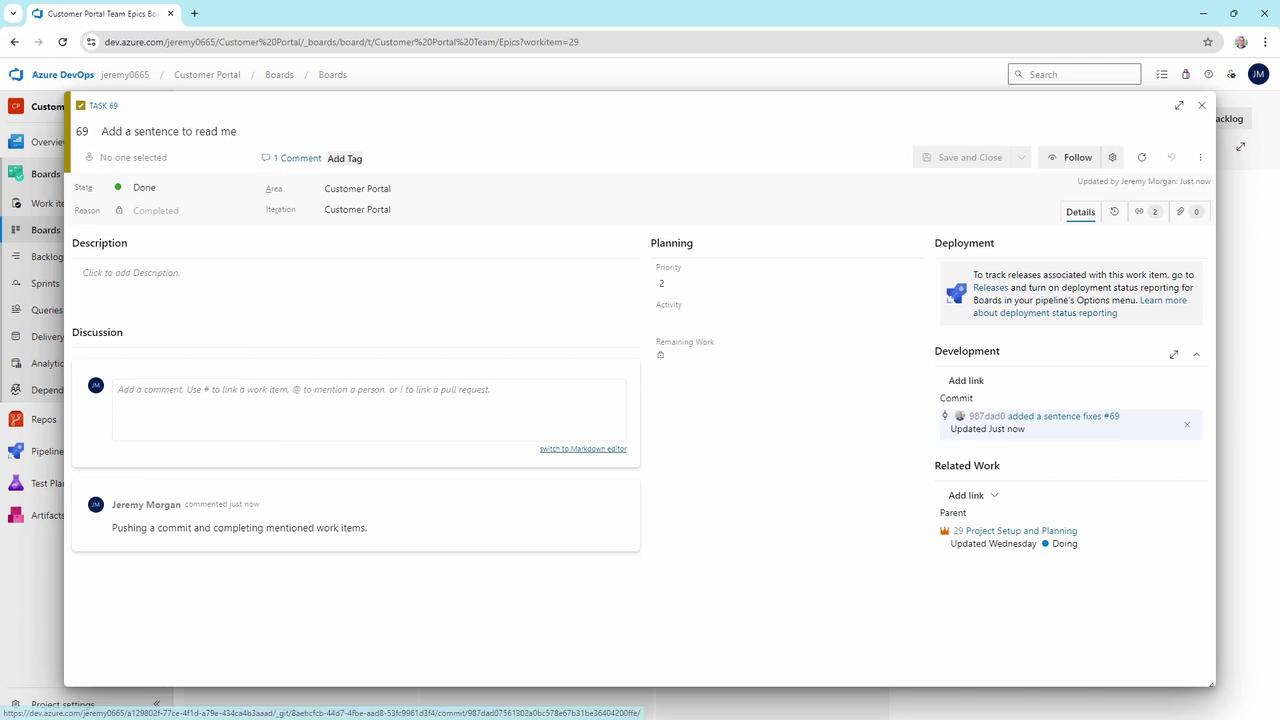 The image shows an Azure DevOps task board with a task titled "Add a sentence to read me," marked as done. It includes sections for description, discussion, planning, deployment, and development details.