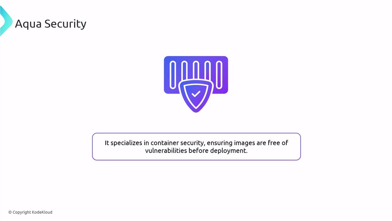 The image is a slide about Aqua Security, featuring a logo and a description stating it specializes in container security to ensure images are free of vulnerabilities before deployment.