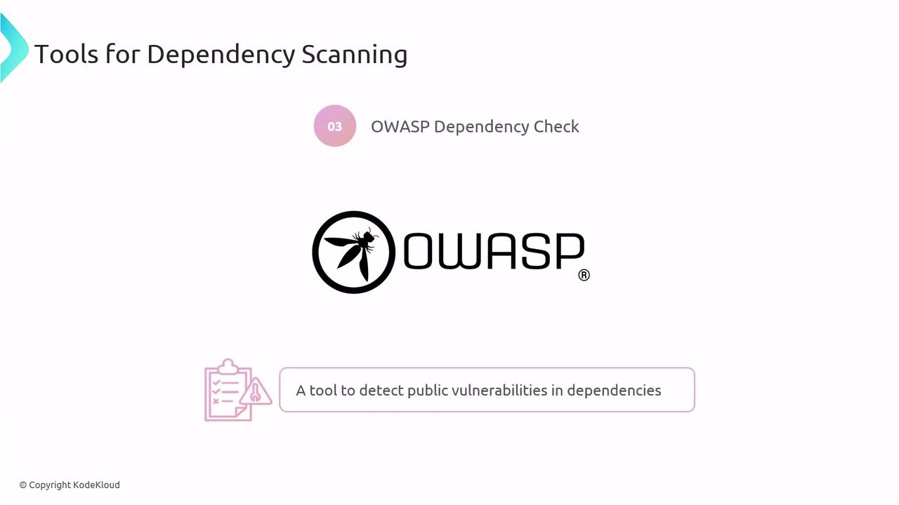 The image is about "OWASP Dependency Check," a tool for detecting public vulnerabilities in dependencies, as part of tools for dependency scanning.