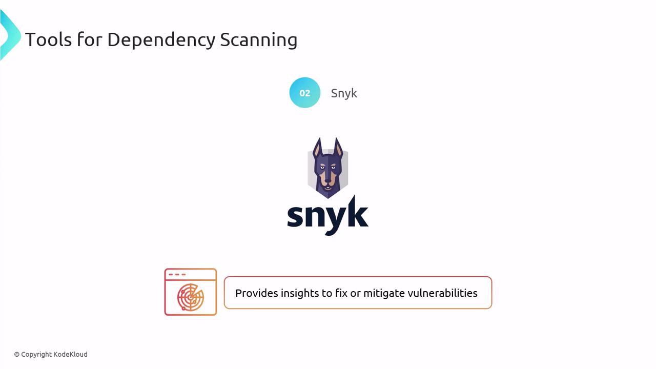 The image is about a tool called Snyk for dependency scanning, which provides insights to fix or mitigate vulnerabilities.