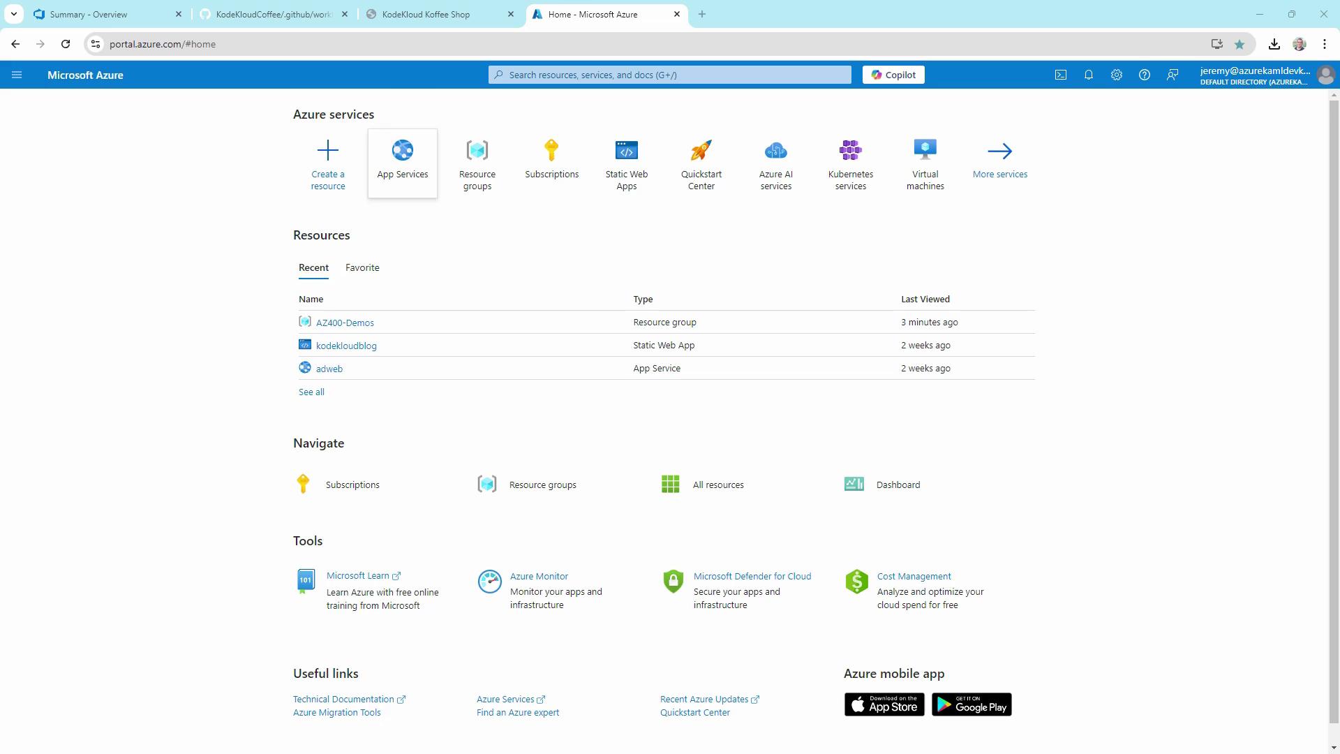 The image shows the Microsoft Azure portal homepage, displaying various Azure services, resources, navigation options, and tools. It includes sections for creating resources, managing subscriptions, and accessing documentation.