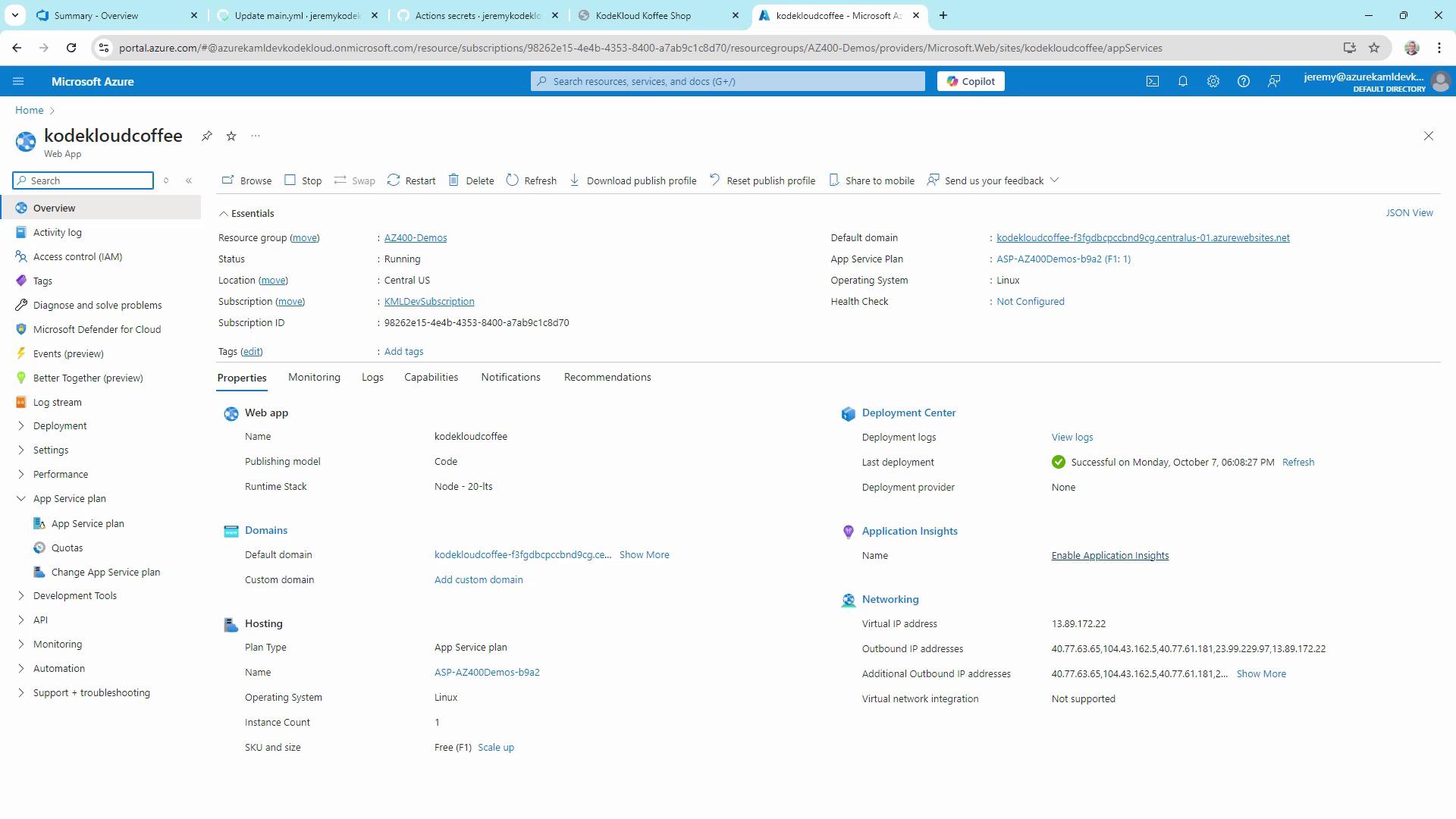 The image shows the Microsoft Azure portal interface for a web app named "kodekloudcoffee," displaying its overview, properties, and deployment details.