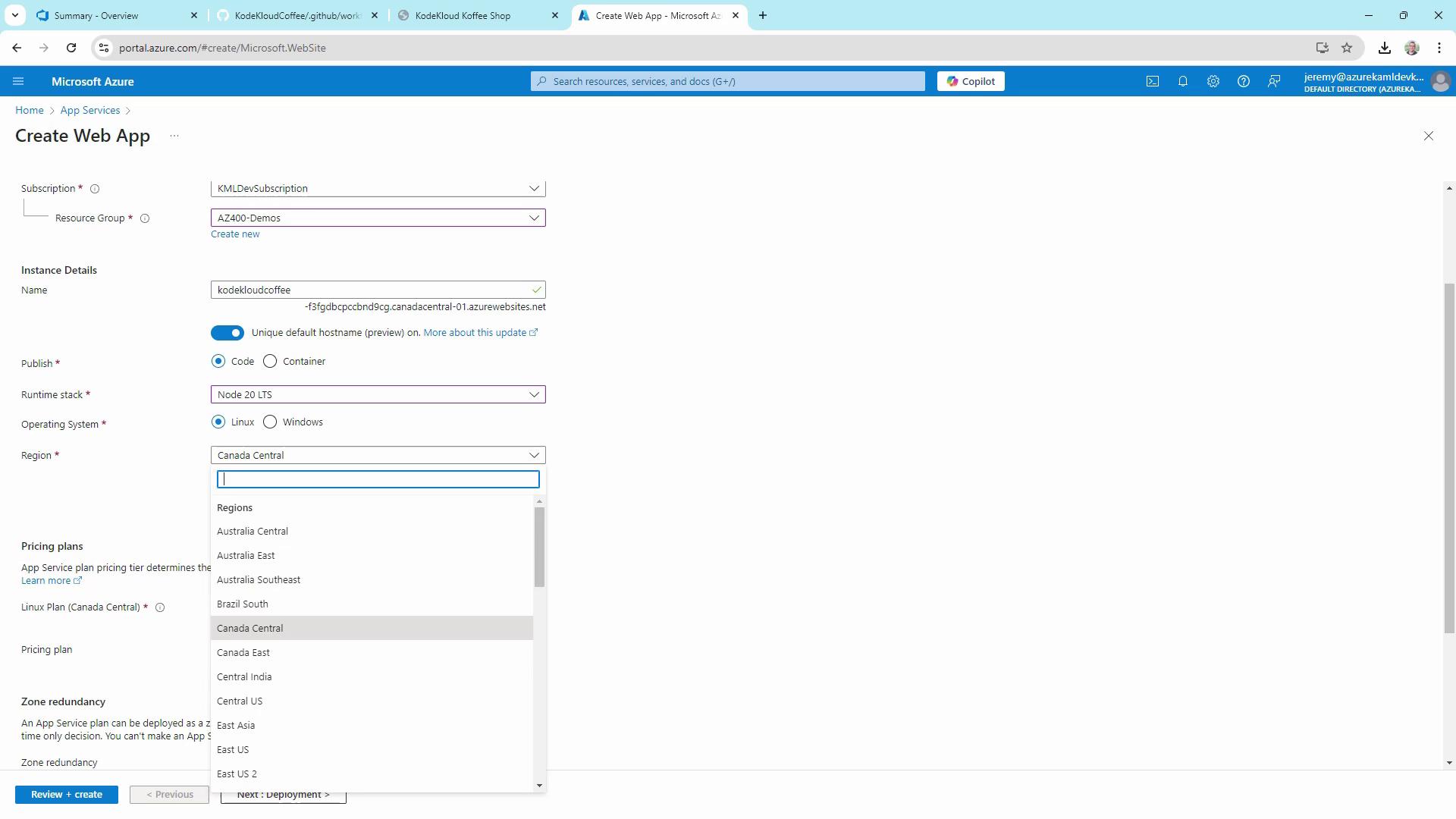 The image shows the Microsoft Azure portal interface for creating a new web app, with options for subscription, resource group, instance details, runtime stack, operating system, and region selection.