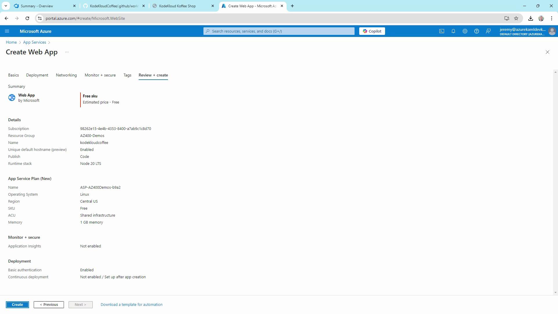The image shows a Microsoft Azure portal page for creating a web app, displaying details such as subscription, resource group, and app service plan. The configuration includes a free SKU, Node 20 LTS runtime stack, and basic authentication enabled.