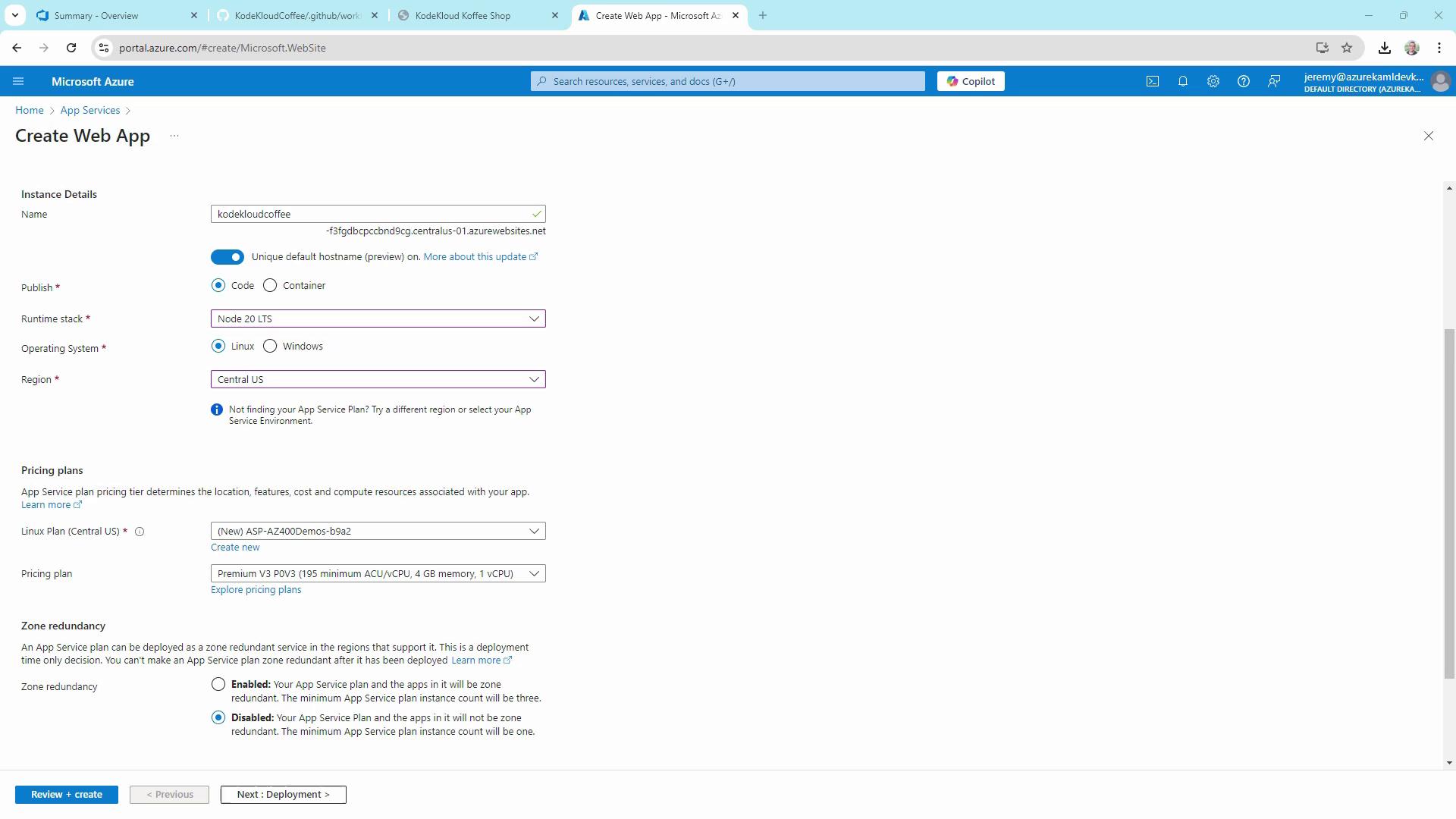 The image shows a Microsoft Azure portal page for creating a web app, with options for instance details, runtime stack, operating system, region, and pricing plans.