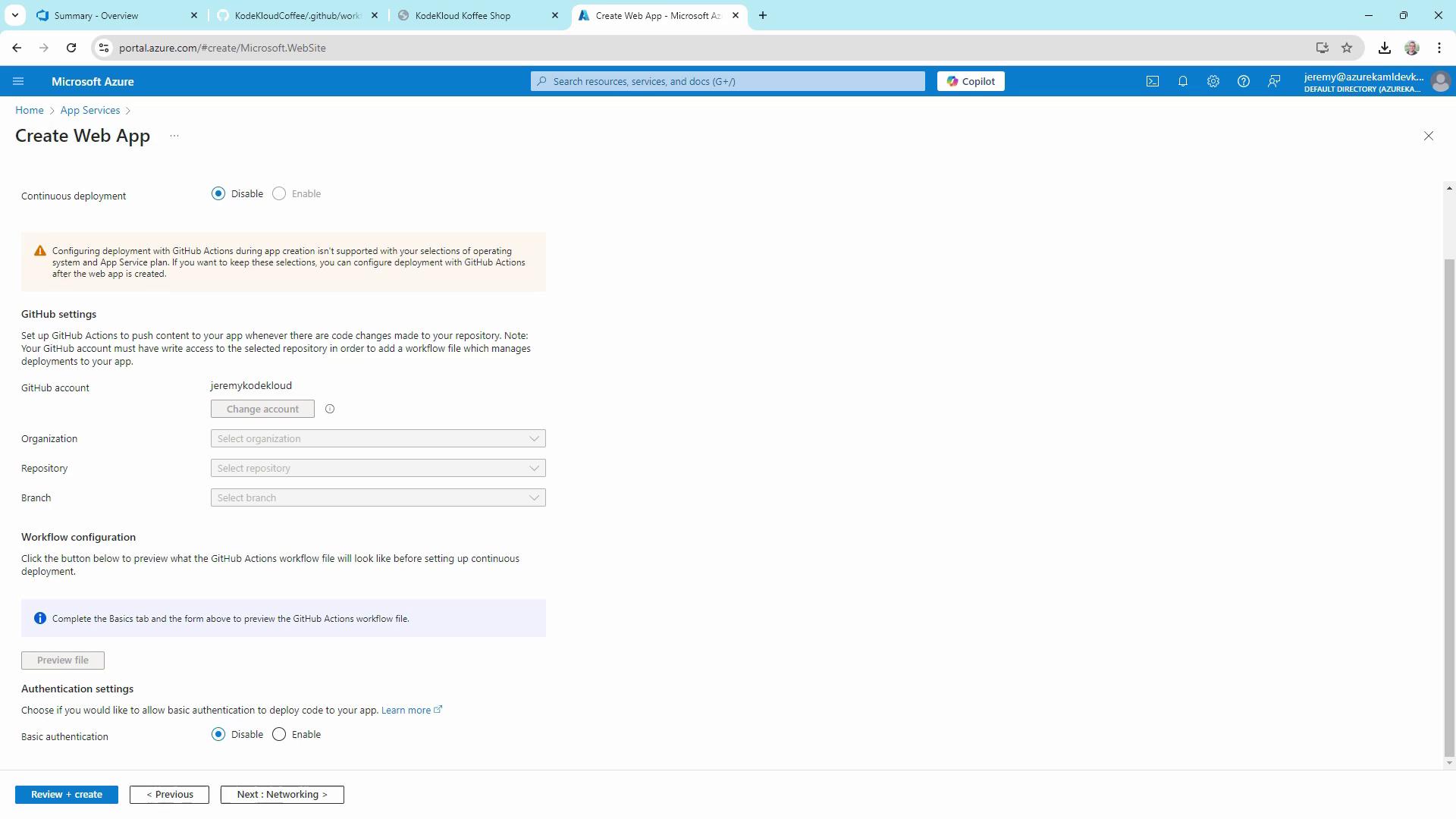 The image shows a Microsoft Azure portal page for creating a web app, with options for configuring GitHub settings and continuous deployment.