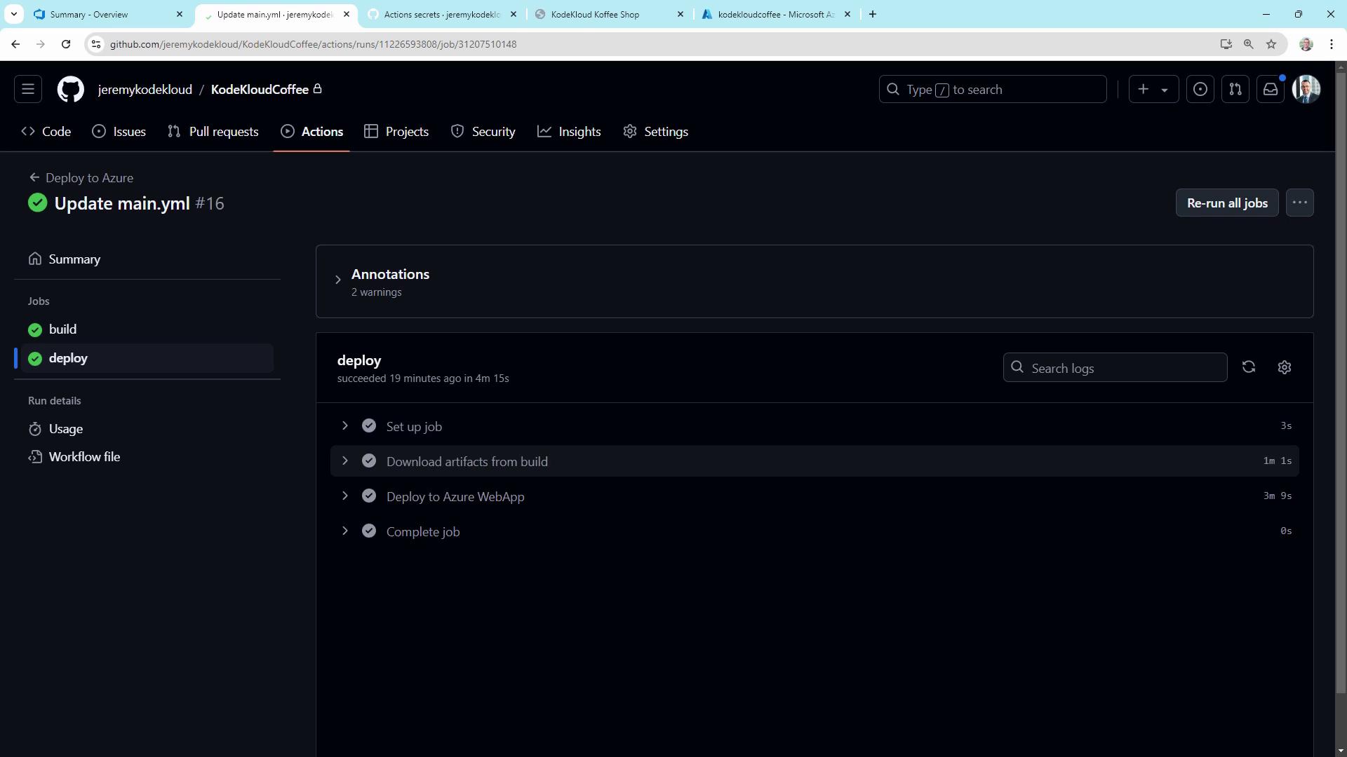The image shows a GitHub Actions interface displaying the successful completion of a deployment workflow, including steps like setting up the job, downloading artifacts, and deploying to Azure WebApp.