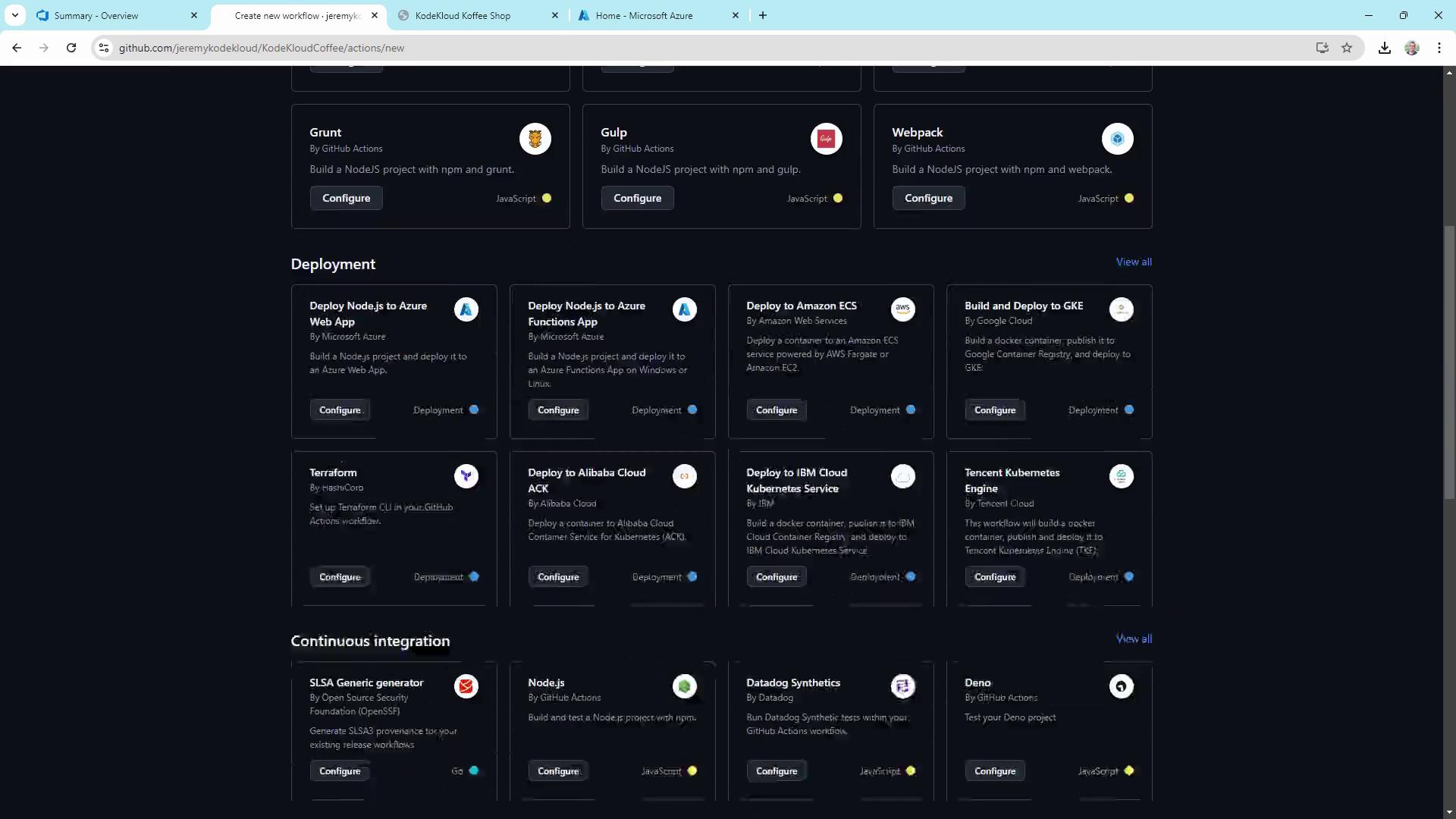 The image shows a GitHub Actions interface with options for configuring various deployment and continuous integration workflows, such as deploying Node.js to Azure and Amazon ECS.